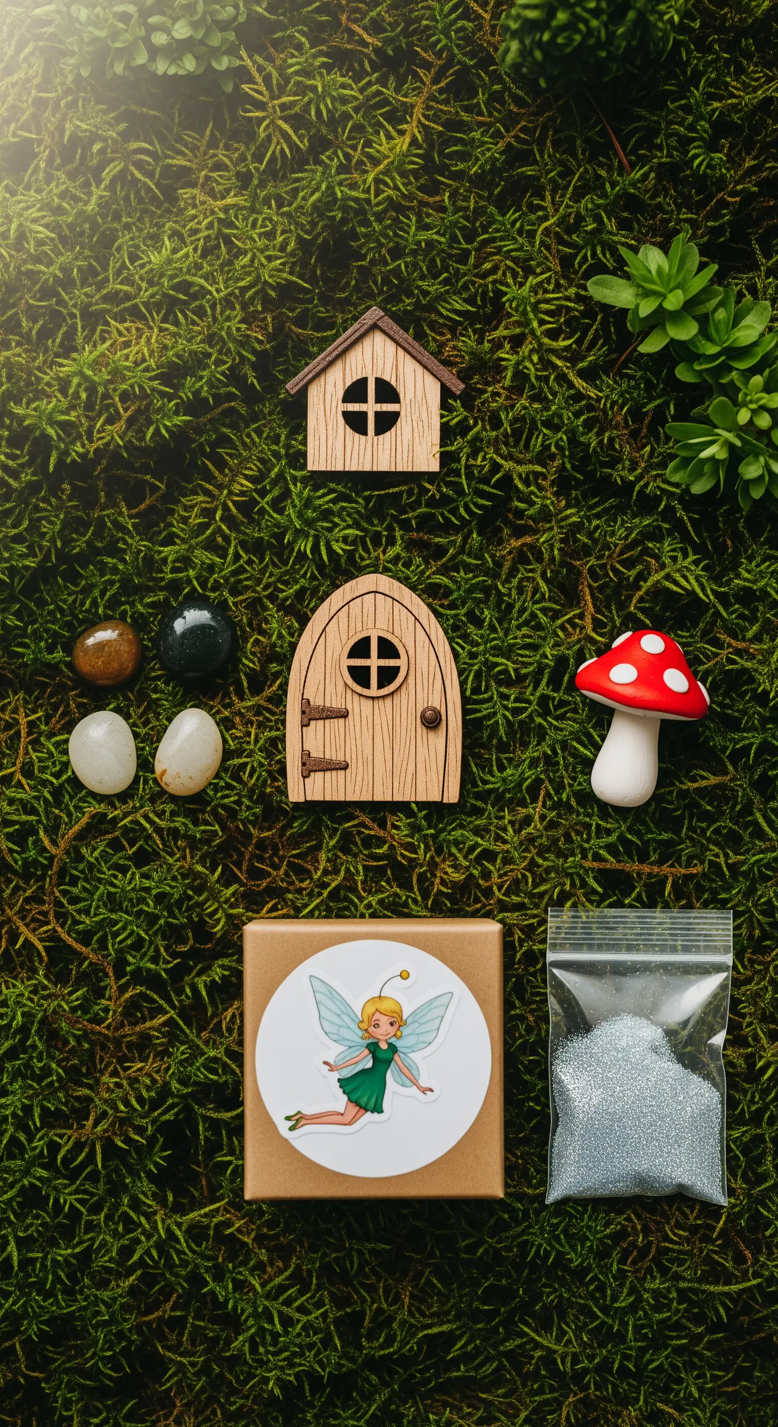 Kit per creare un giardino delle fate con porta, fungo e brillantini.