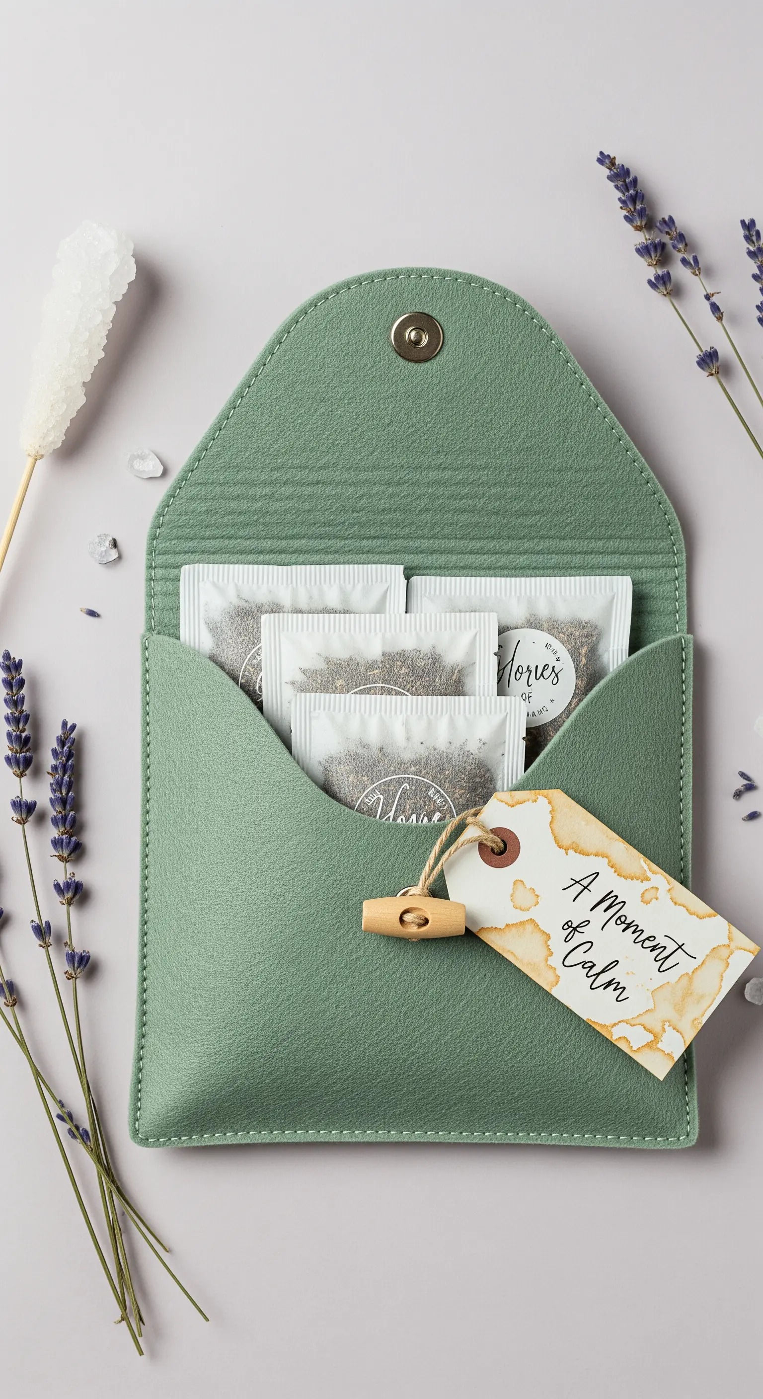 Pochette in feltro verde con bustine di tisana e un'etichetta a tema relax.