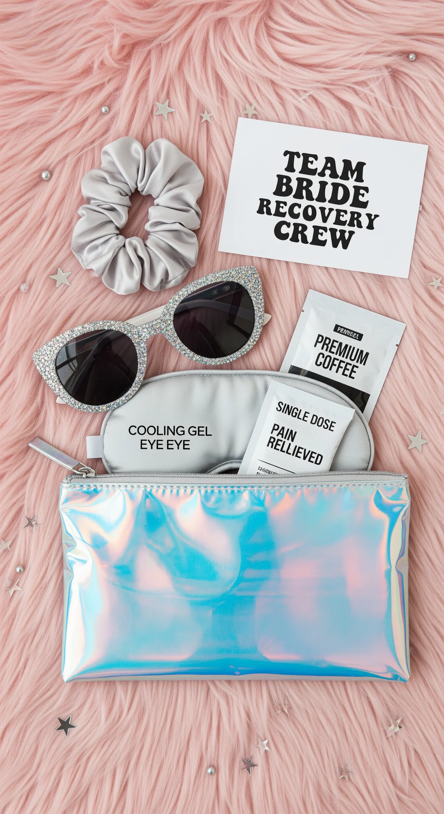 Kit hangover per addio al nubilato con maschera occhi, occhiali glitterati e pochette olografica.