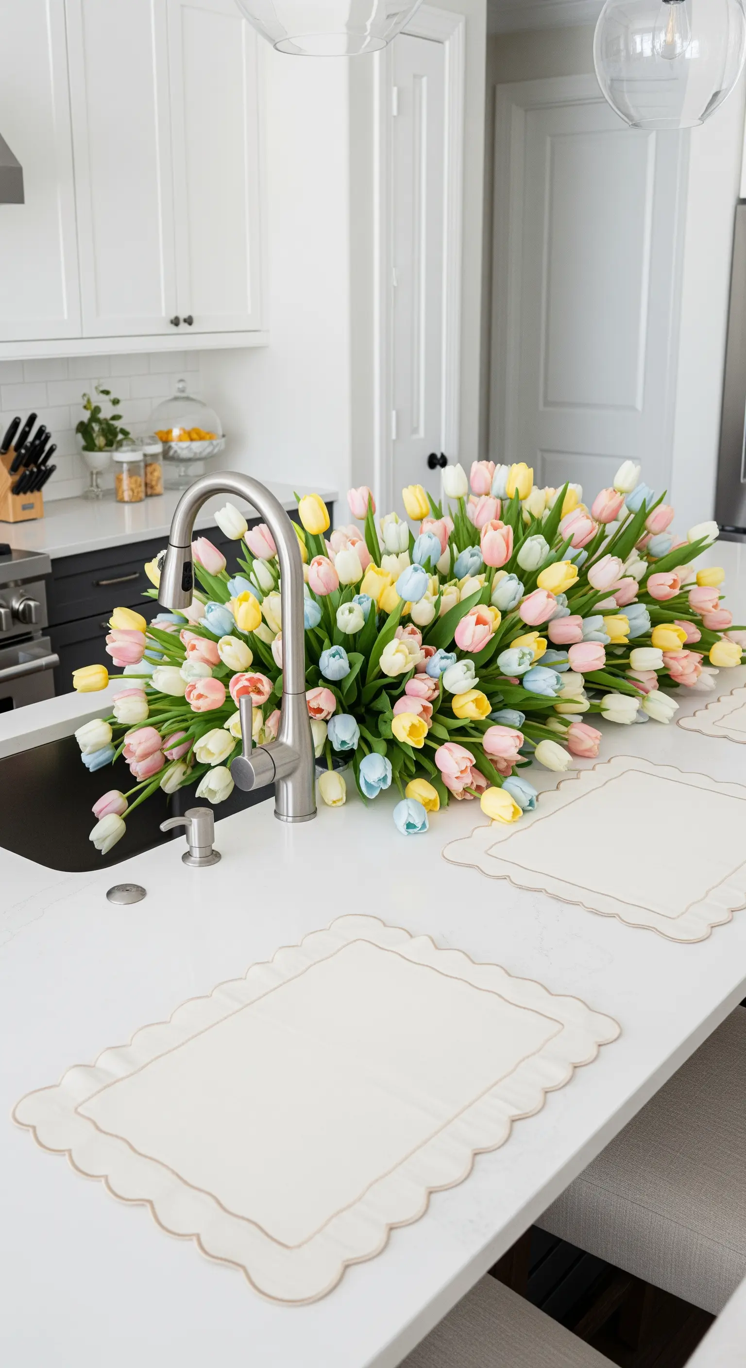 Grande composizione di tulipani multicolore pastello disposta attorno al lavello di un'isola da cucina bianca.