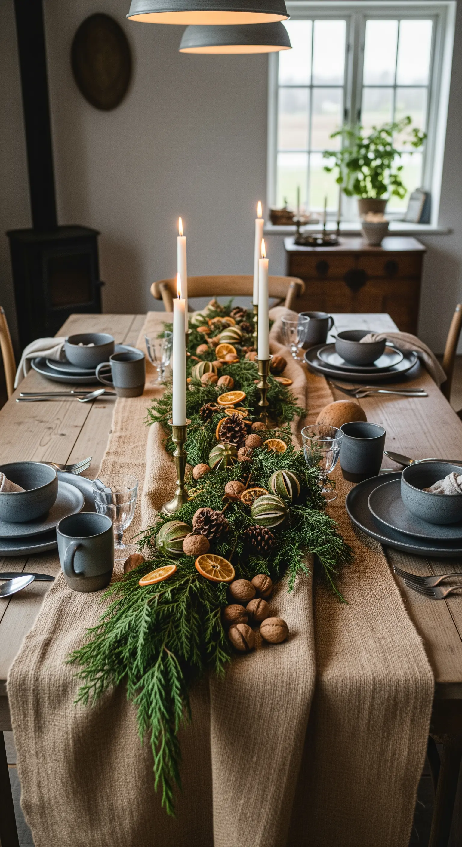 Runner in juta carico di rami di pino, noci, pigne e agrumi essiccati su un tavolo di legno