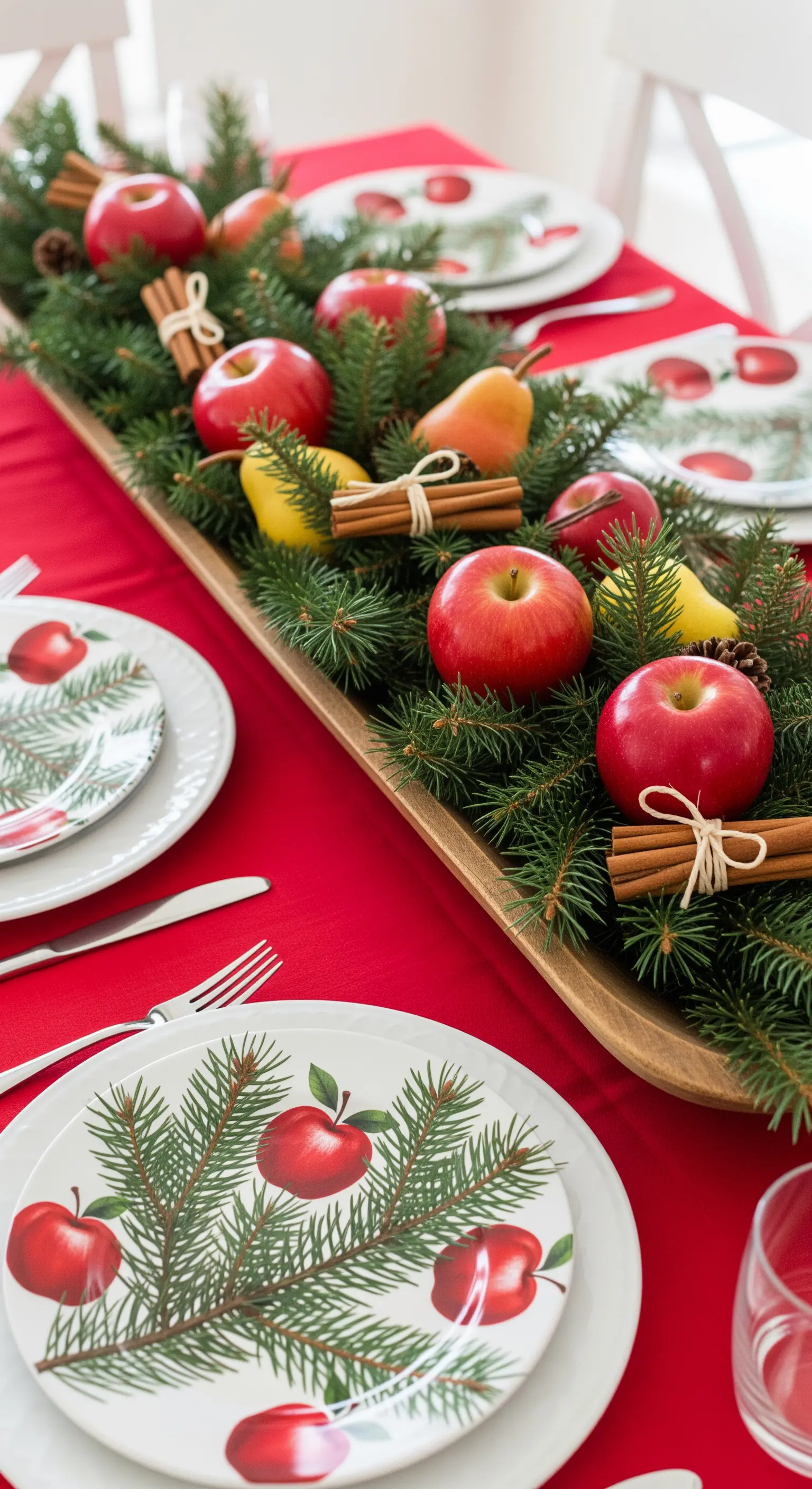 Centrotavola natalizio con mele, pere e cannella in un vassoio di legno su tovaglia rossa.