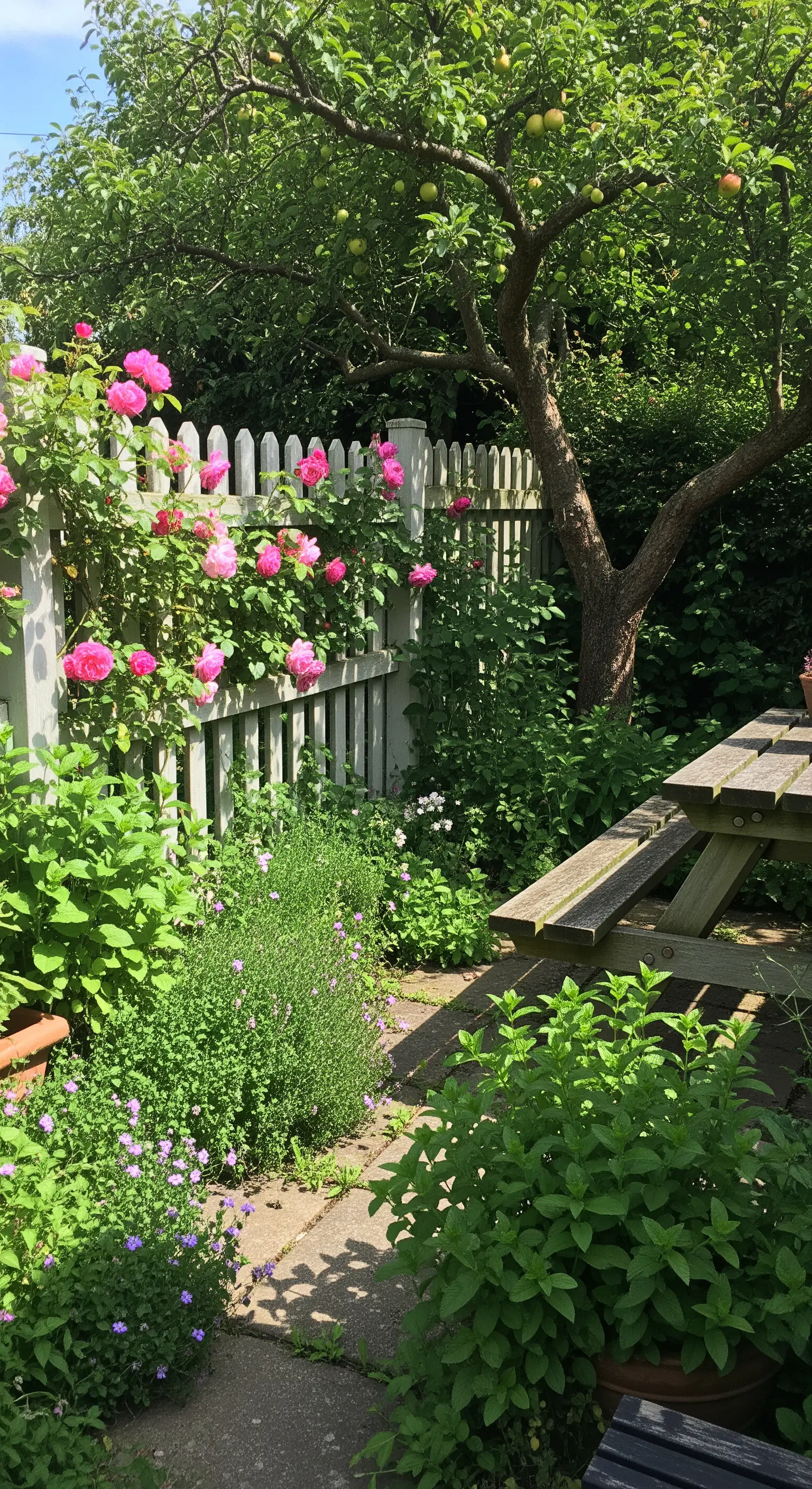 Roseto rampicante su una staccionata bianca e un rigoglioso orto di menta.