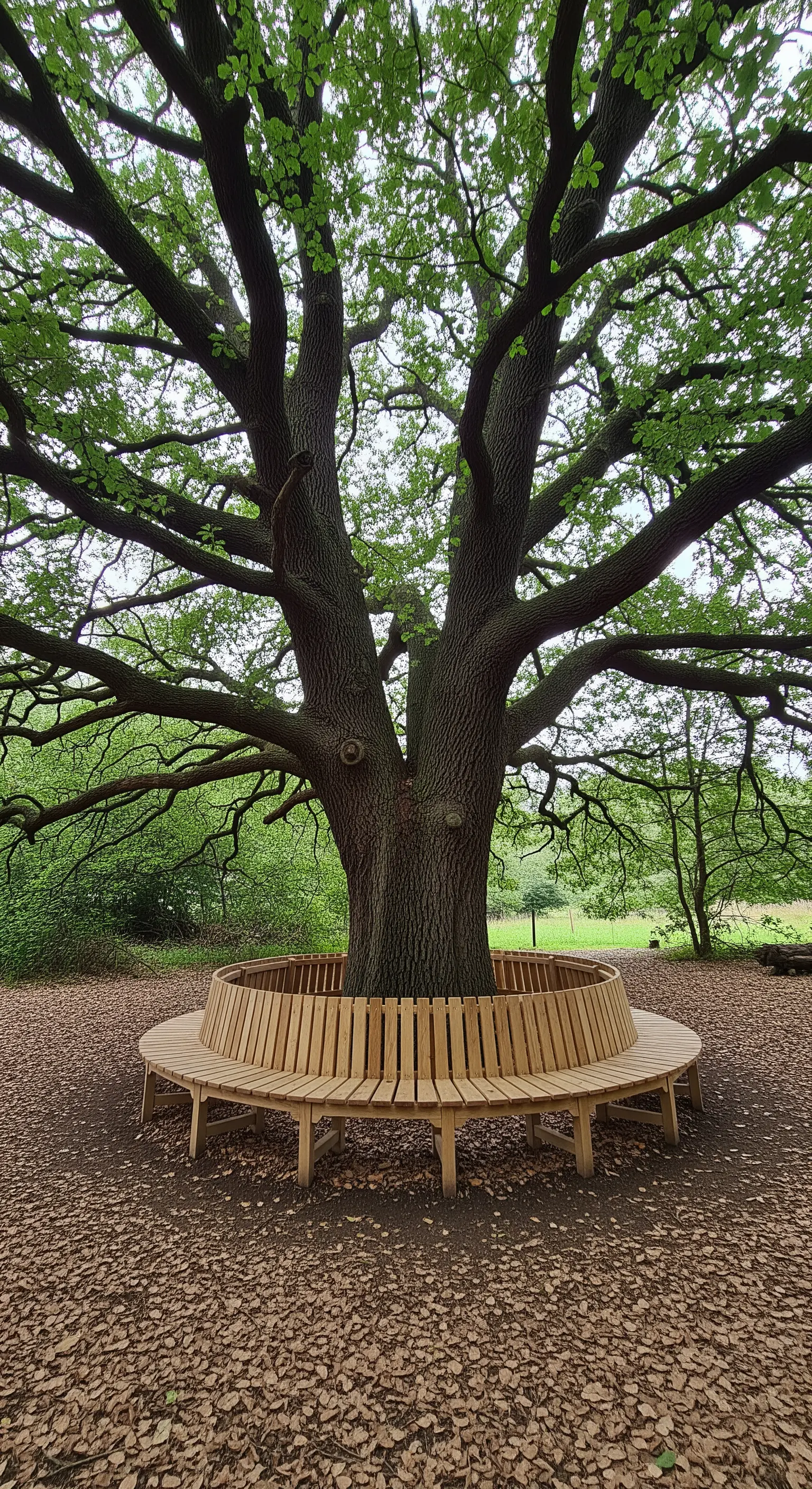Grande panca circolare in legno chiaro costruita attorno al tronco di una quercia maestosa.