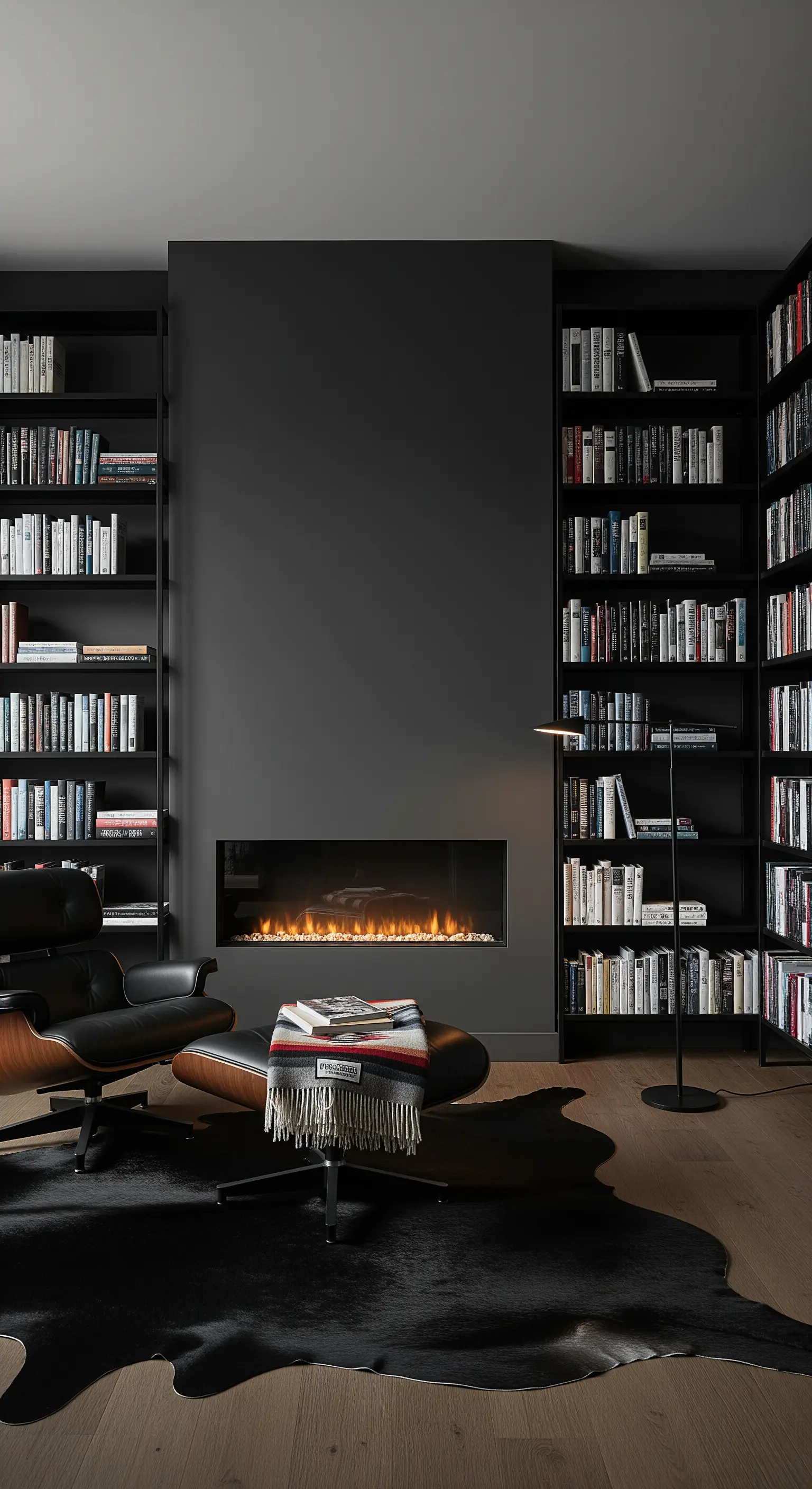 Angolo lettura total black con librerie a muro e poltrona di design in pelle nera.