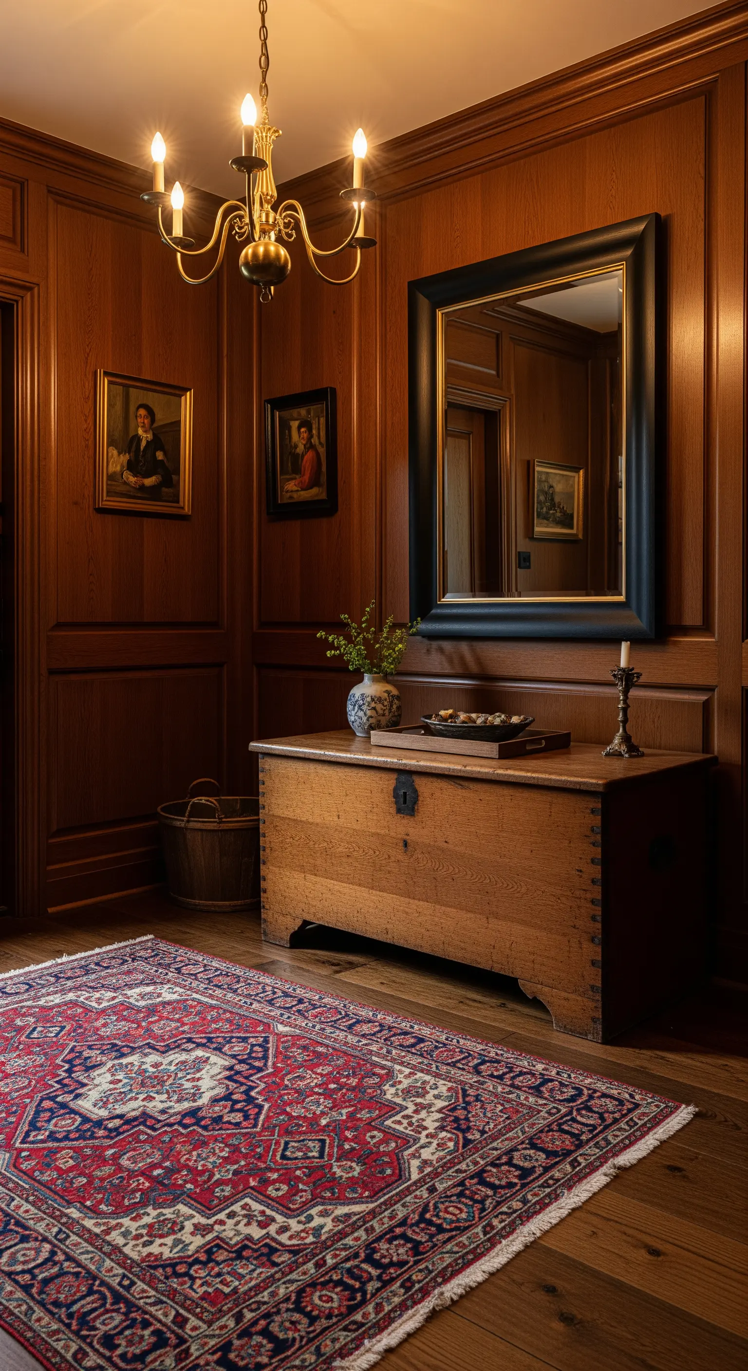Ingresso tradizionale con boiserie in legno, cassapanca e specchio con cornice nera.