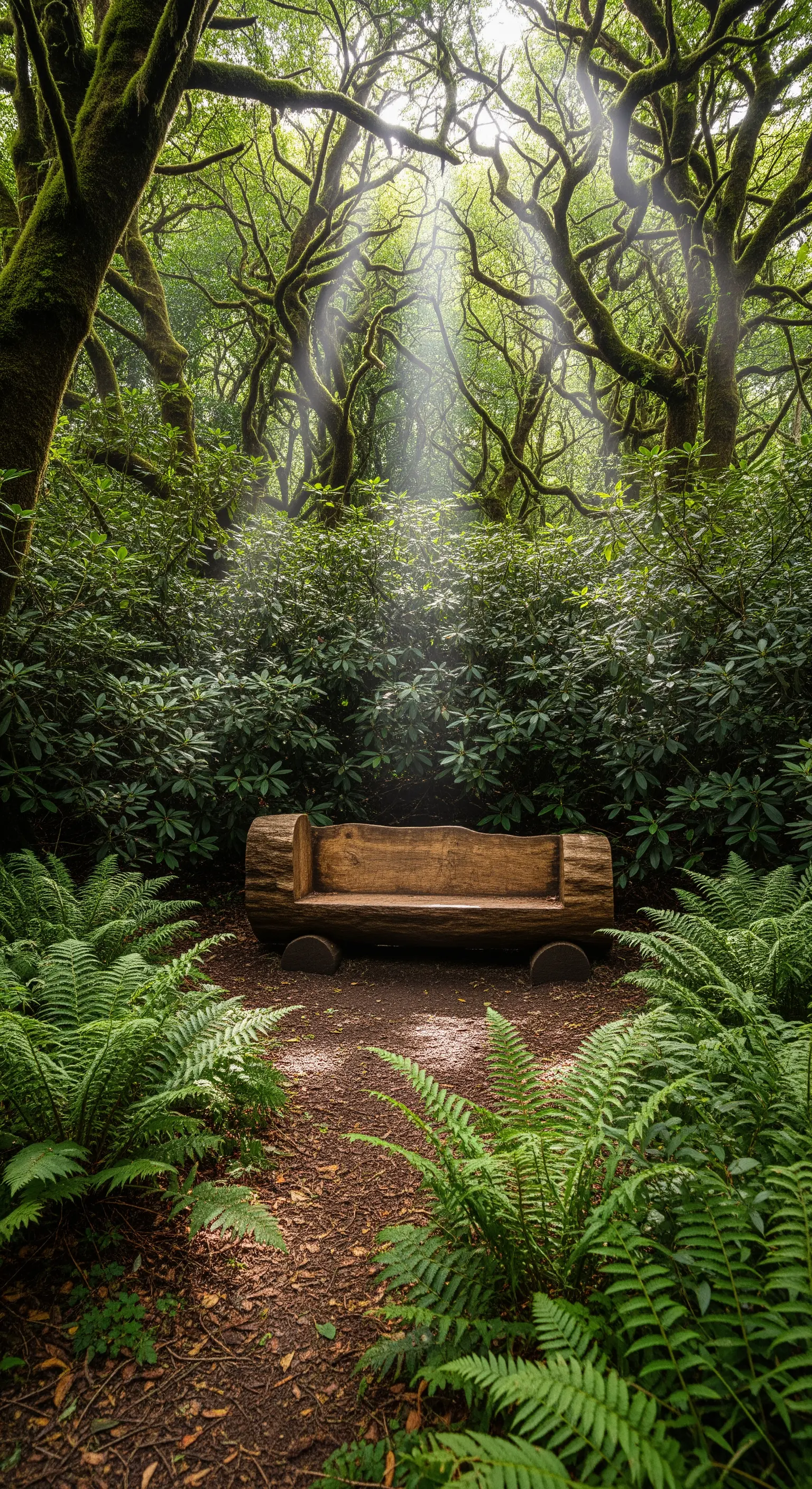 Panchina rustica ricavata da un tronco d'albero in una foresta lussureggiante e muschiosa.