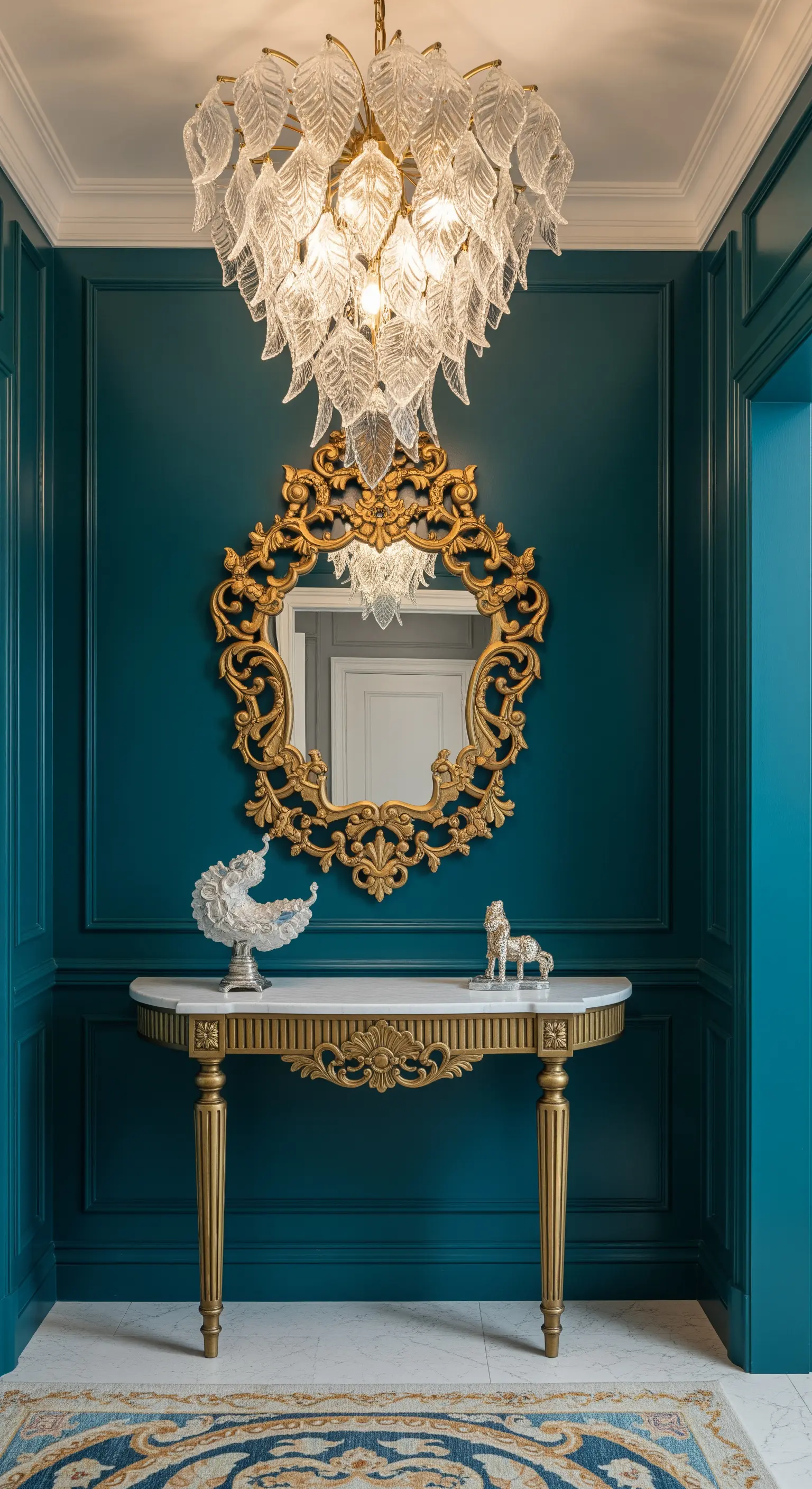 Ingresso con pareti color ottanio, specchio barocco dorato e lampadario in vetro a foglia.