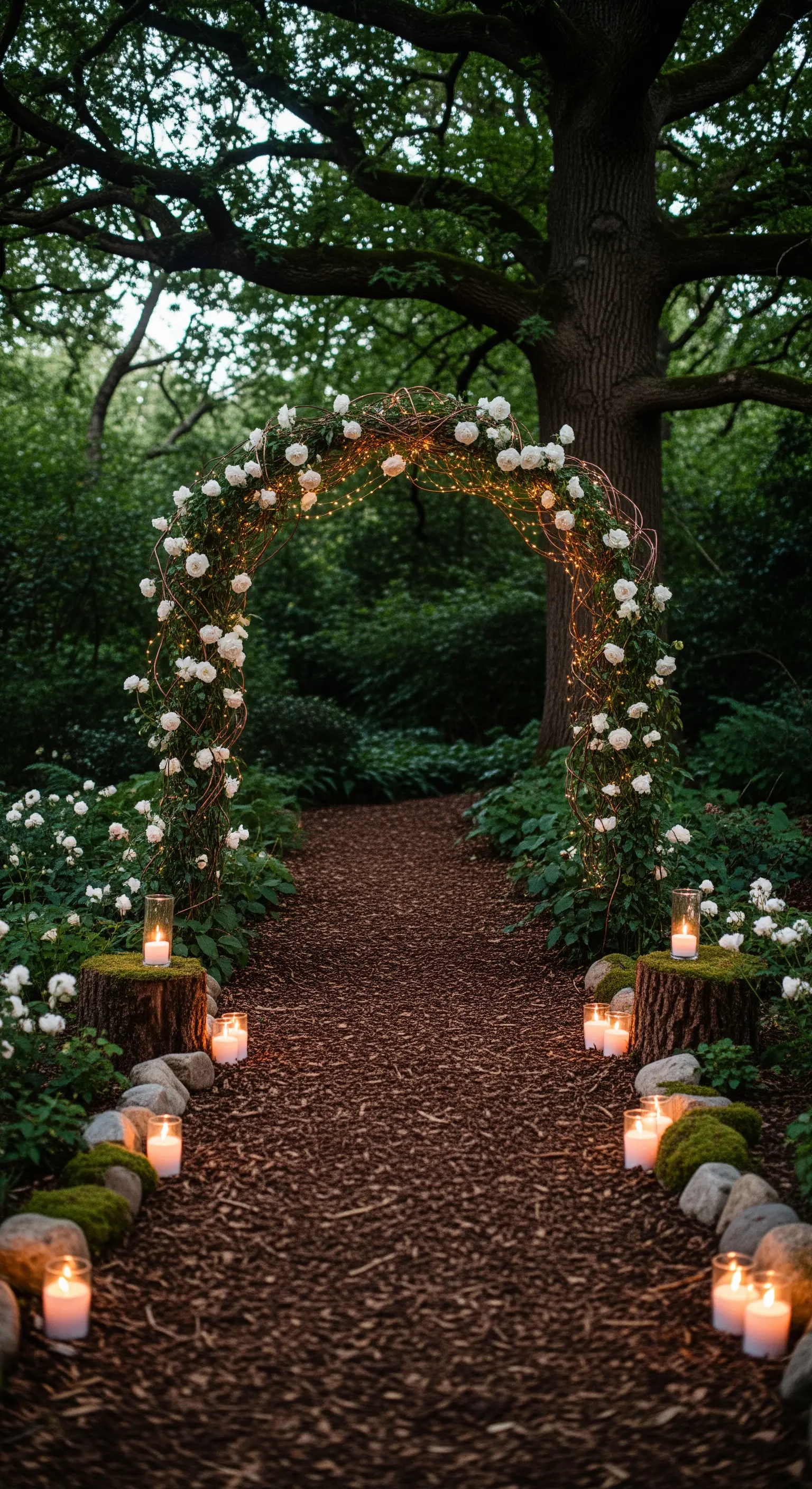 Arco di rami illuminato da lucine in un bosco, con candele su tronchi di legno.