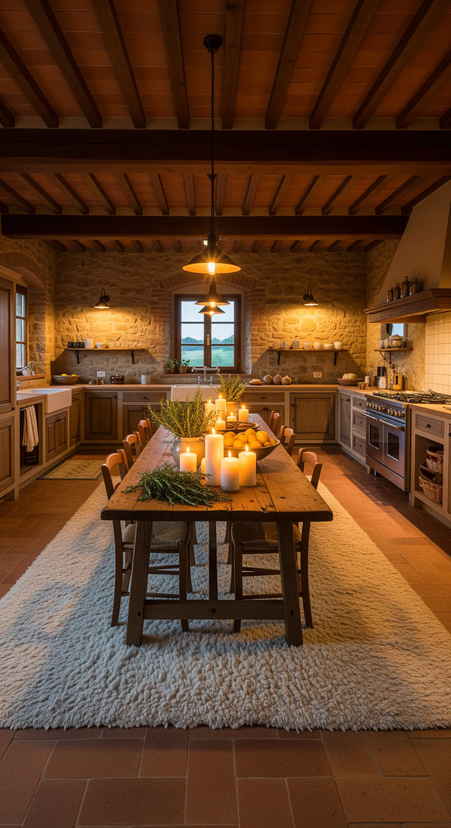 Grande tappeto a pelo lungo bianco in una cucina rustica con tavolo in legno e pareti in pietra.