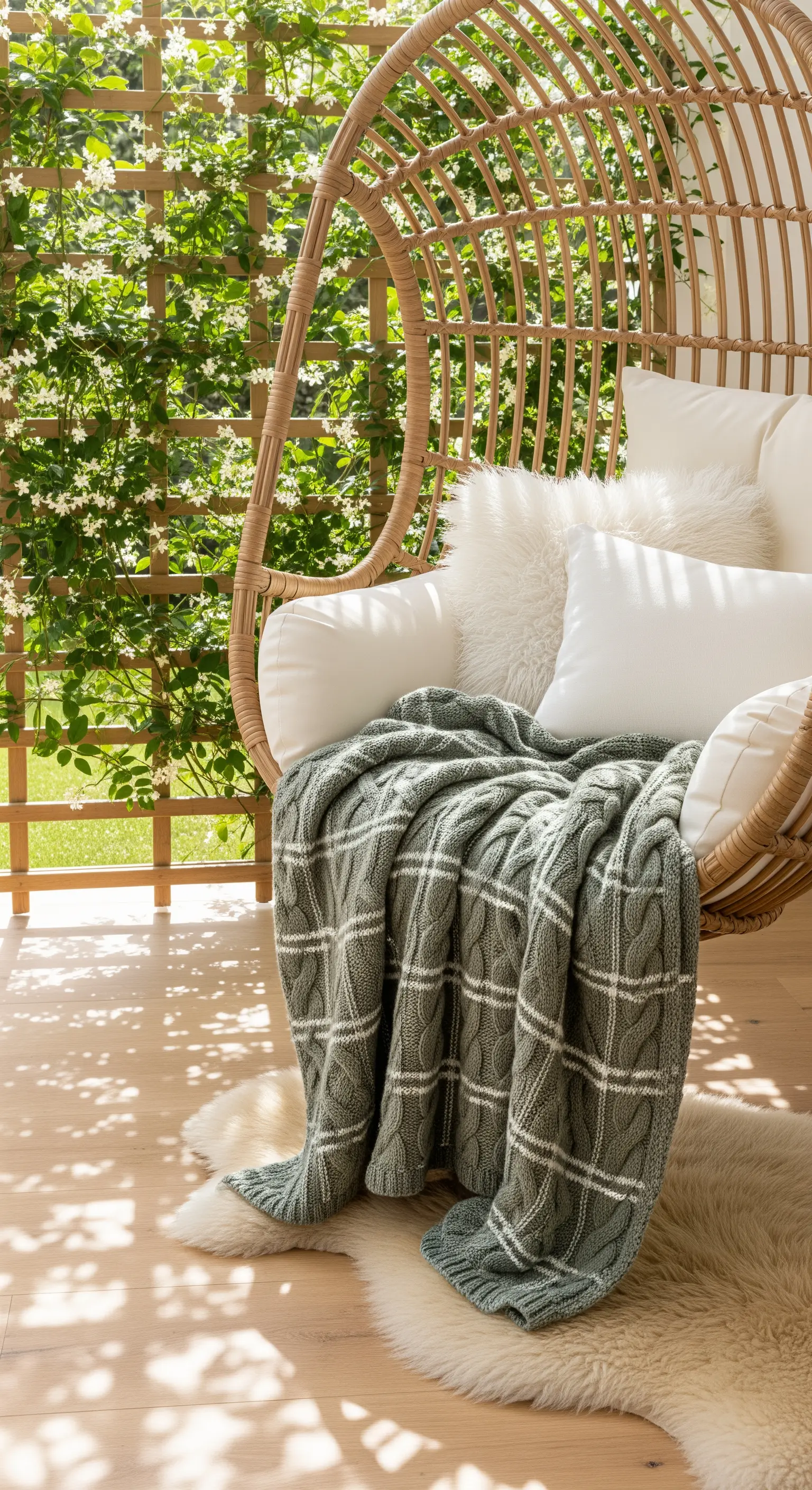 Poltrona sospesa in rattan con cuscini bianchi e plaid verde, accanto a una parete di gelsomino.