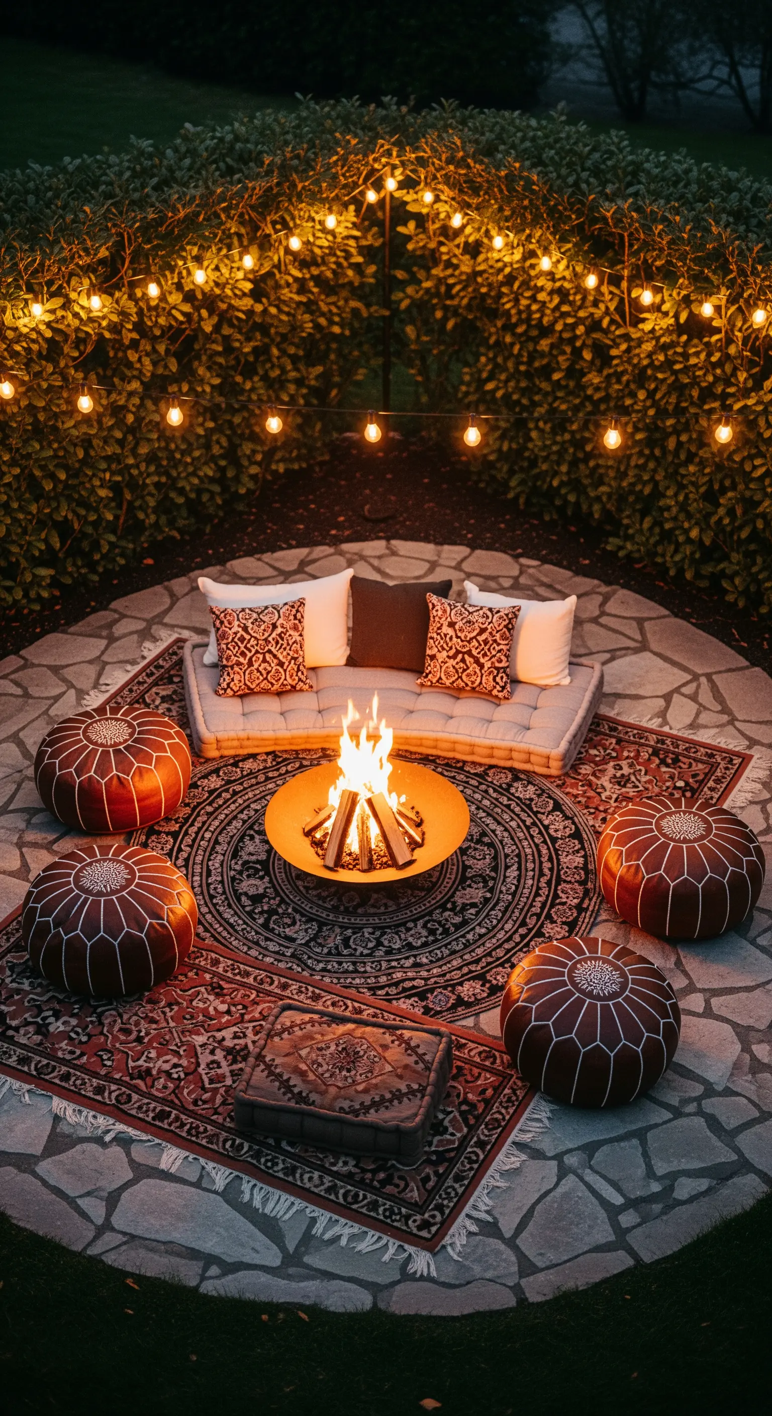 Area relax circolare con braciere e una siepe illuminata da una catena di luci.