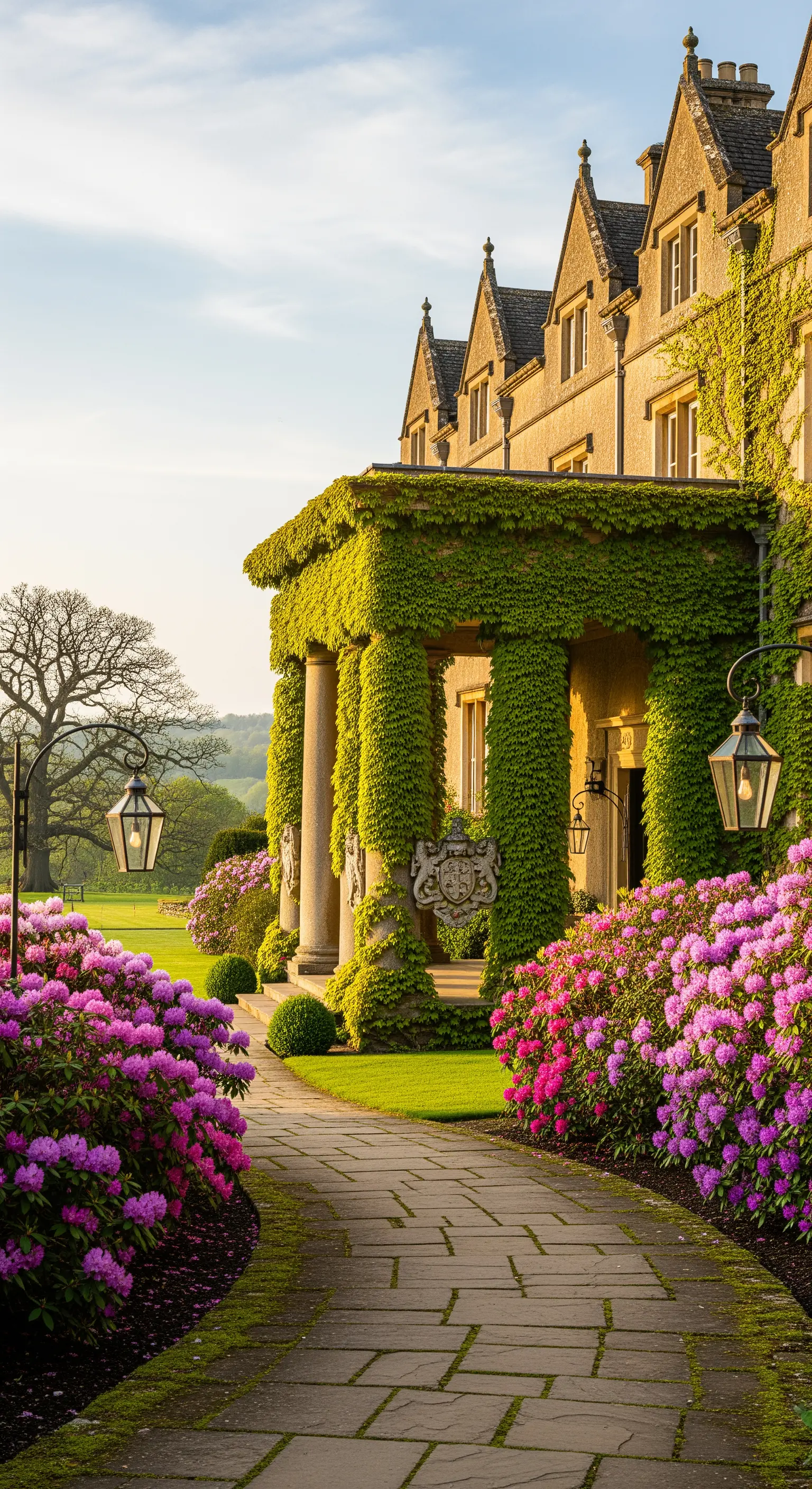 Antico portico in pietra completamente ricoperto di edera verde, circondato da rododendri in fiore