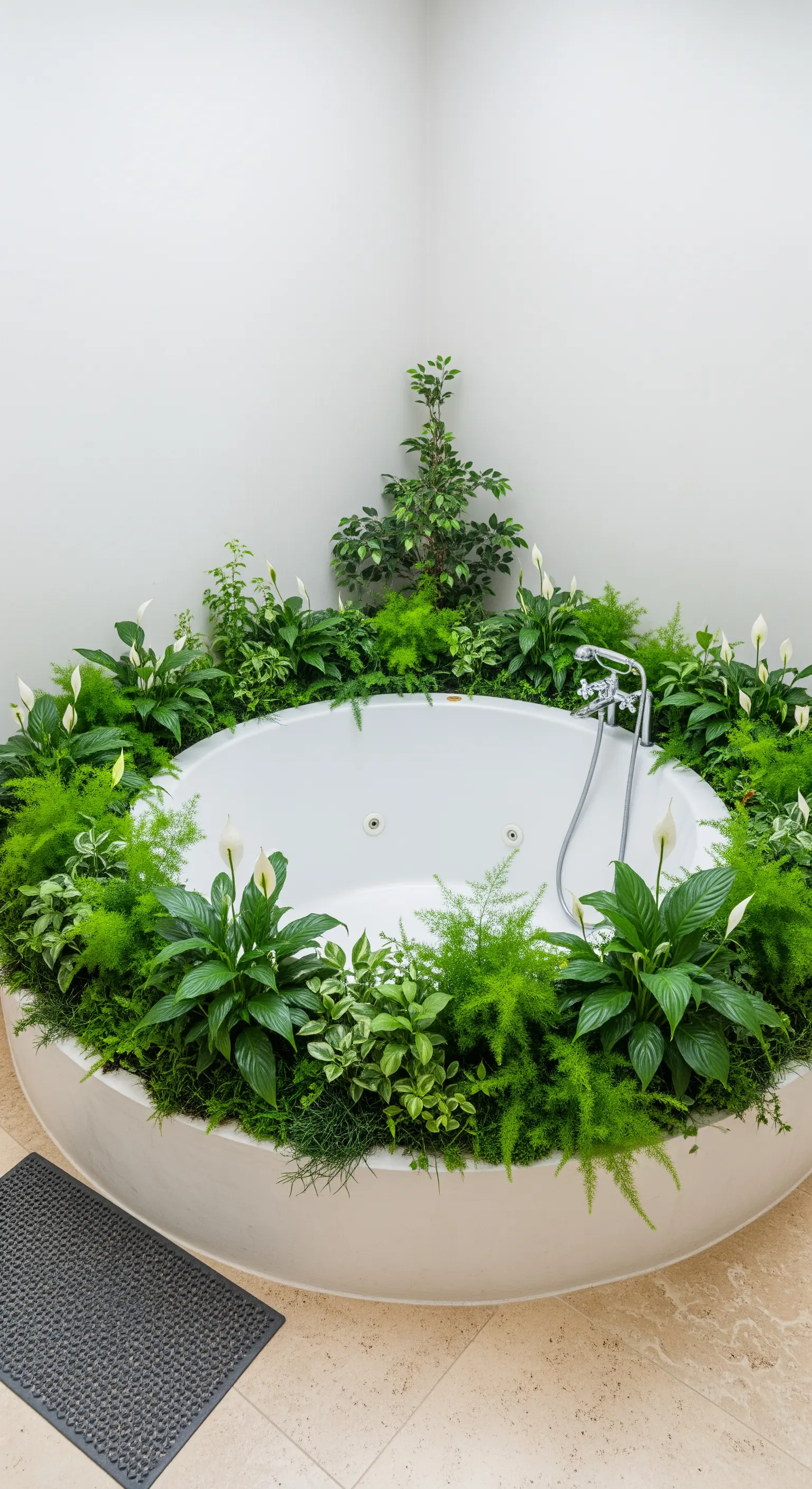 Vasca da bagno rotonda completamente circondata da piante di Spathiphyllum e felci.