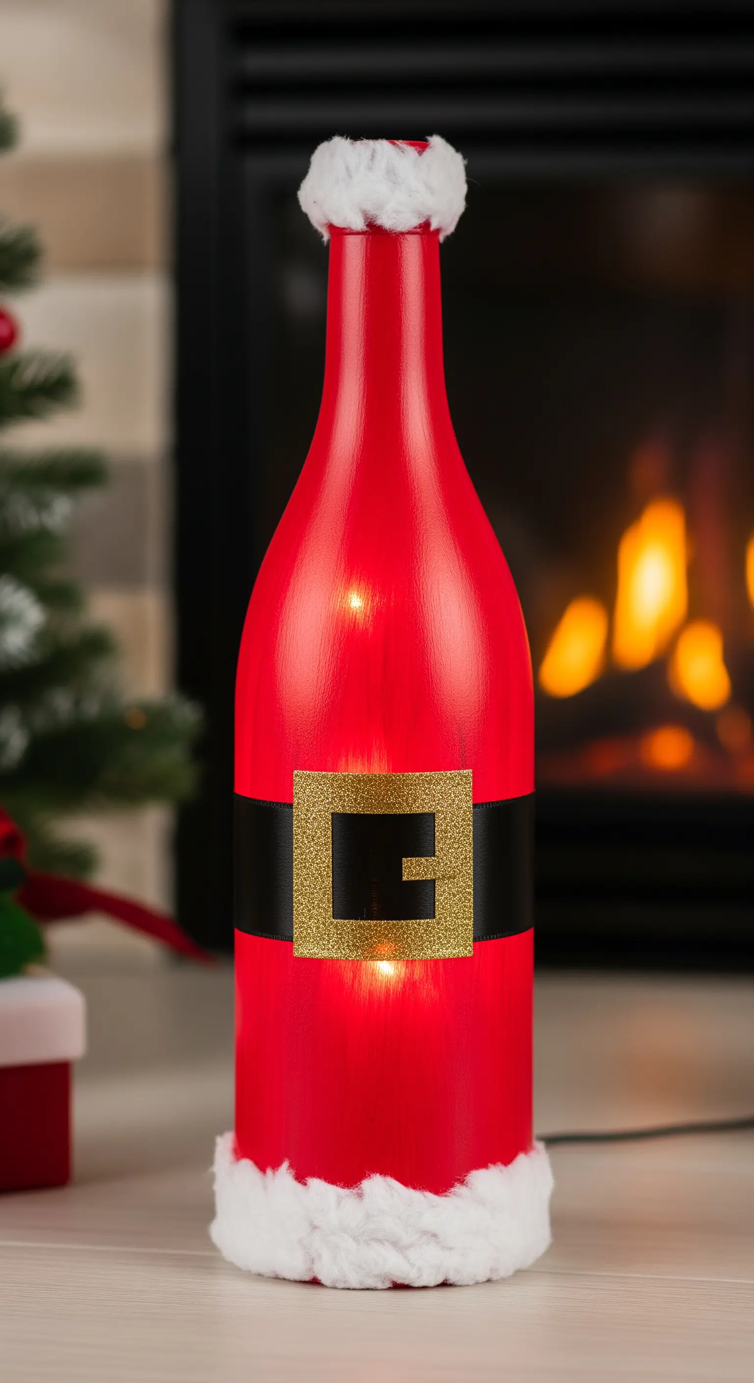 Bottiglia dipinta di rosso con cintura nera e dettagli in cotone per sembrare Babbo Natale.