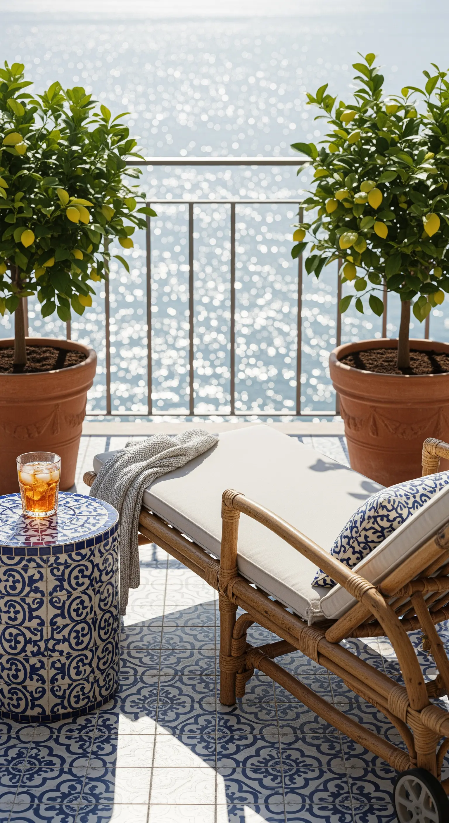 Dettaglio di un lettino in bambù e un tavolino in ceramica blu su una terrazza vista mare.