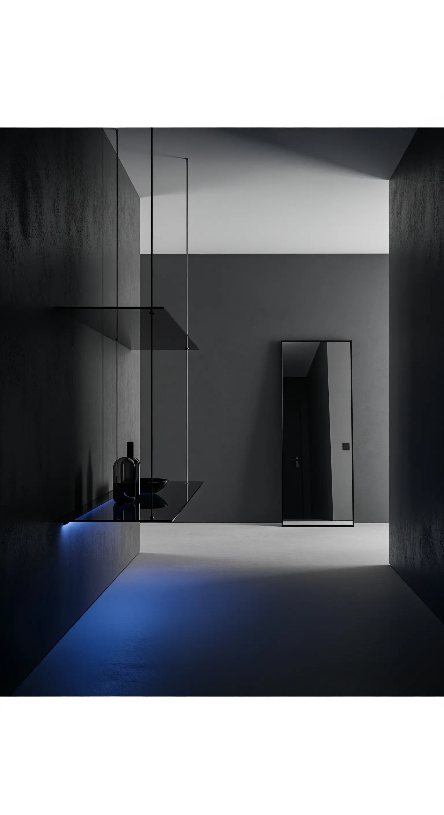 Mensola in vetro sospesa con LED blu in un ingresso minimalista grigio scuro.
