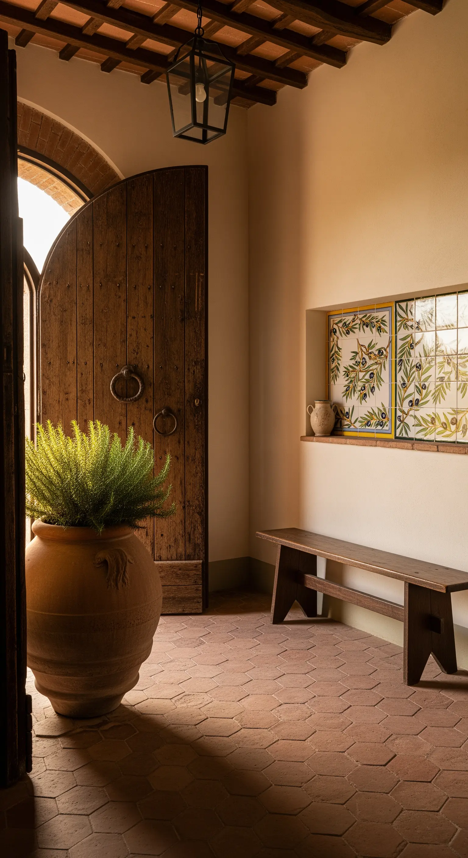 Ingresso rustico con pavimento in cotto, porta in legno massiccio e panca.