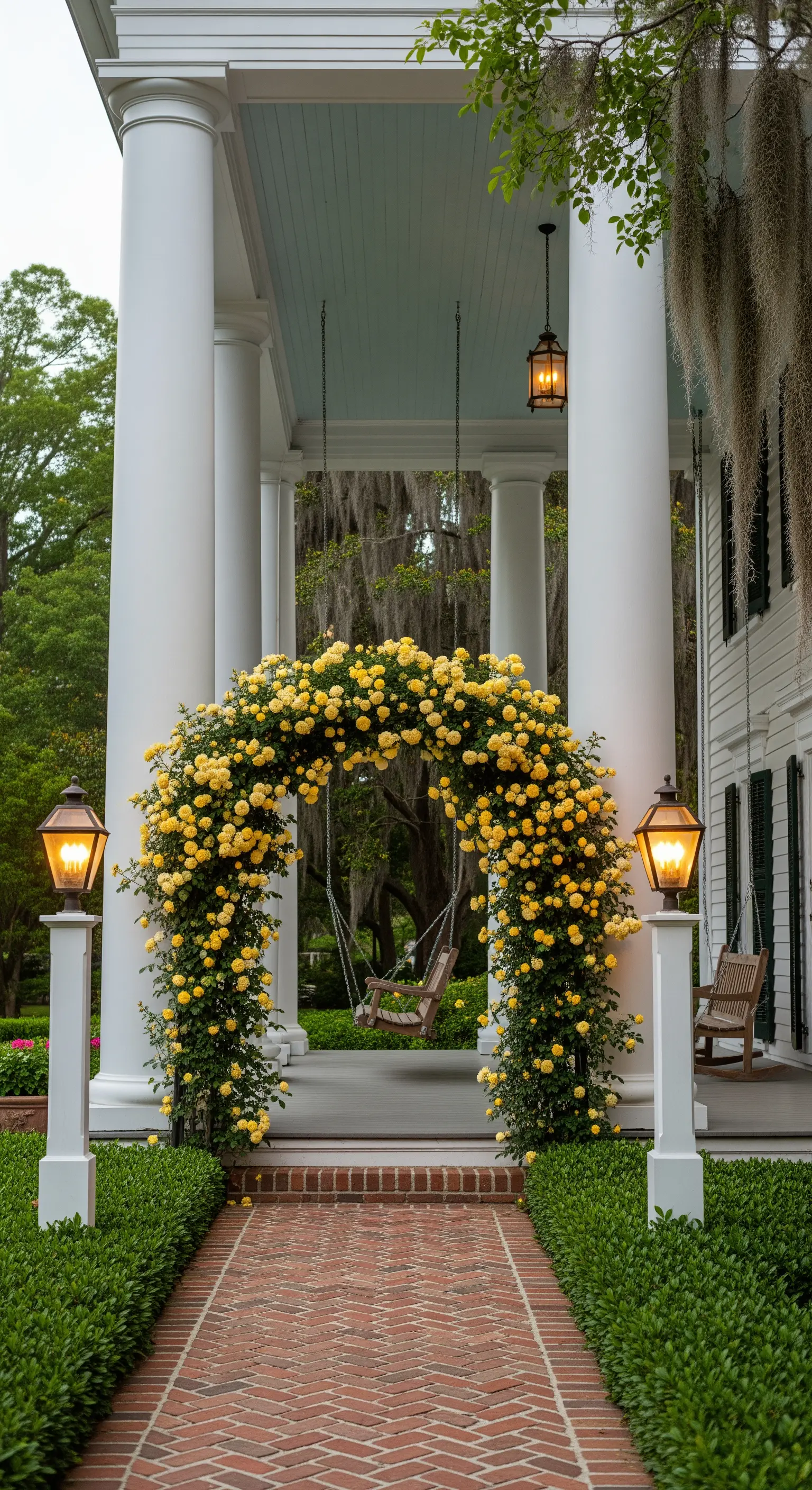 Portico maestoso con colonne bianche, un grande arco di rose gialle e un'altalena.