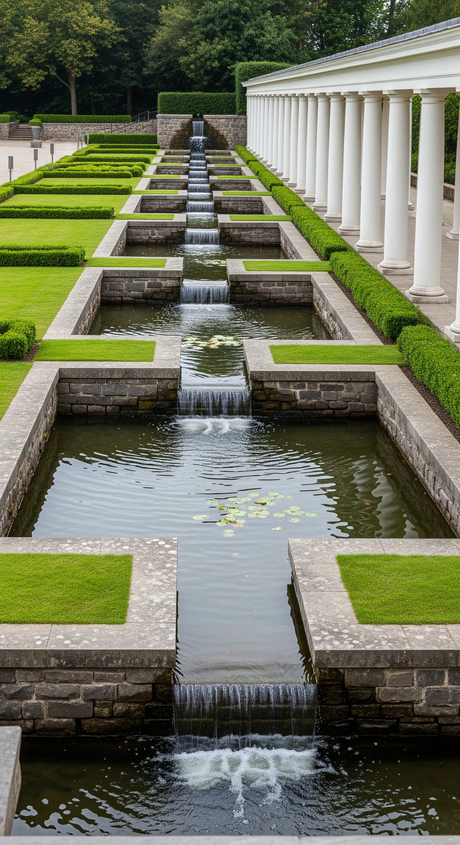 Sistema di cascate moderne con vasche rettangolari in pietra, affiancato da un colonnato bianco e prato
