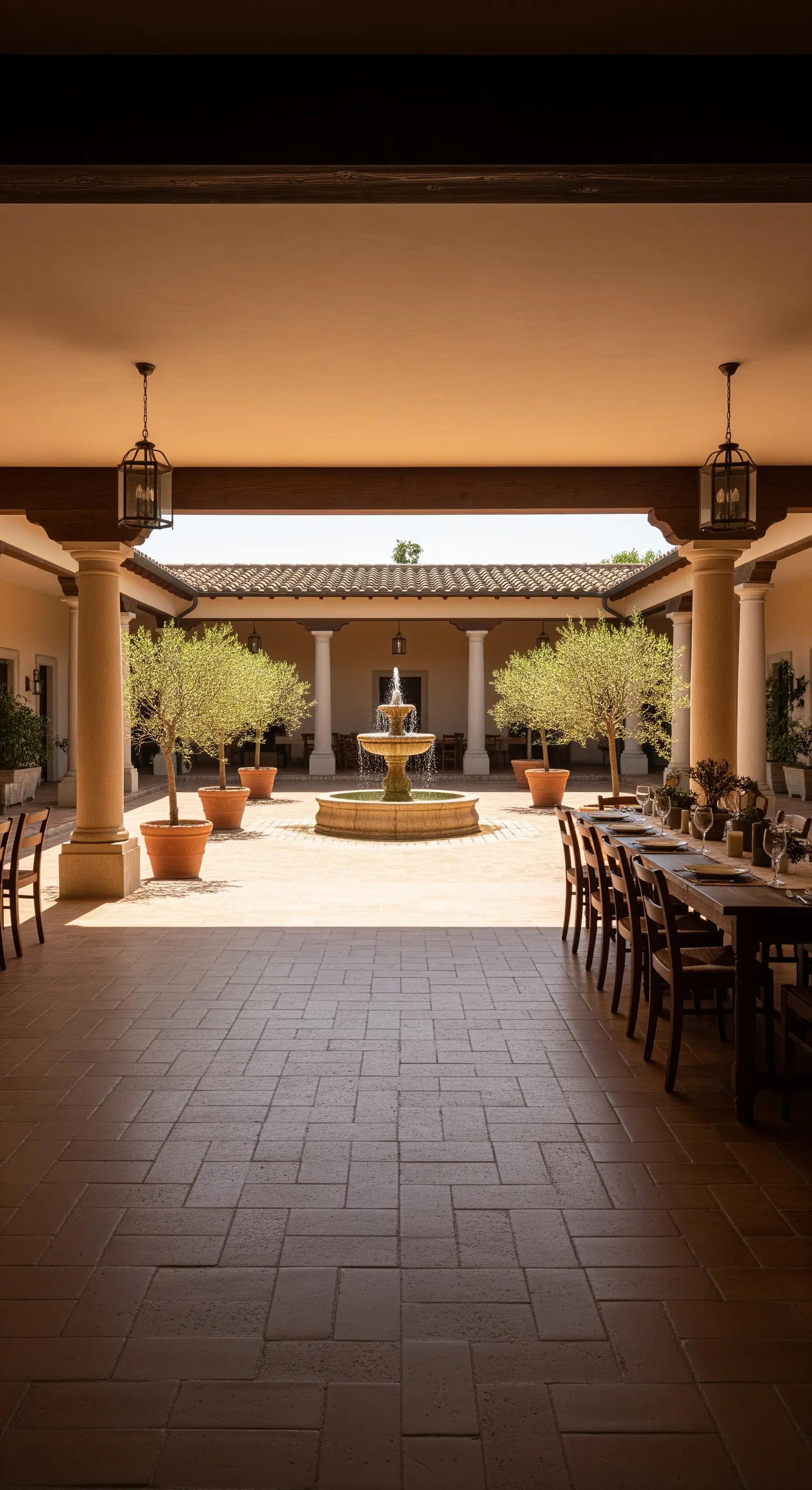 Cortile con portico, fontana centrale e tavoli da pranzo disposti lungo i lati.