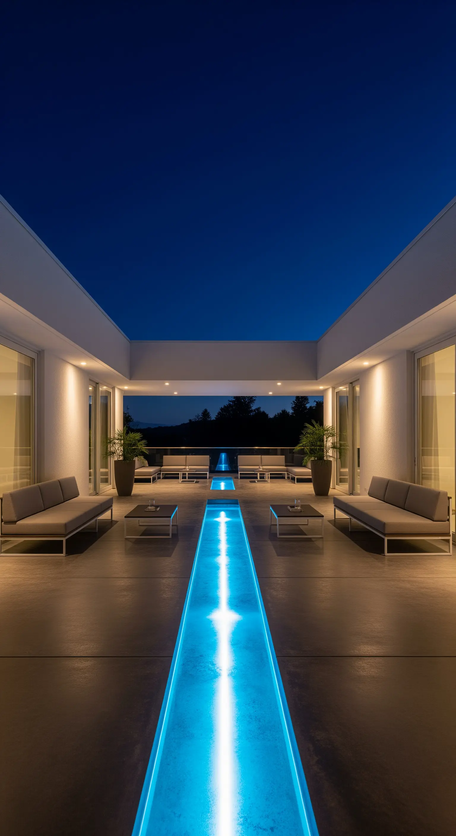 Patio simmetrico con due aree salotto speculari separate da un canale d'acqua illuminato di blu