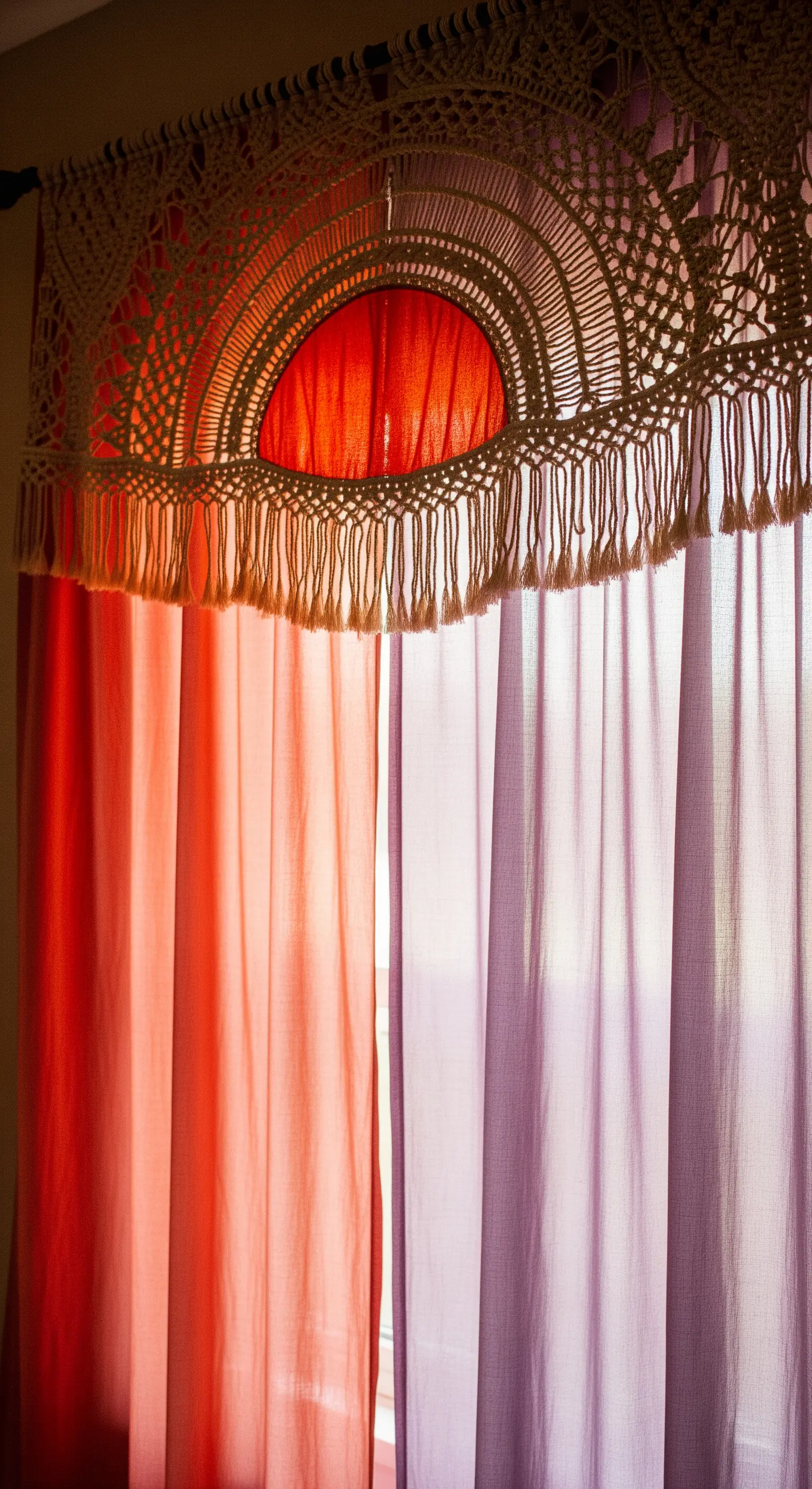 Mantovana in macramè a forma di sole che sorge su tende arancioni e viola.