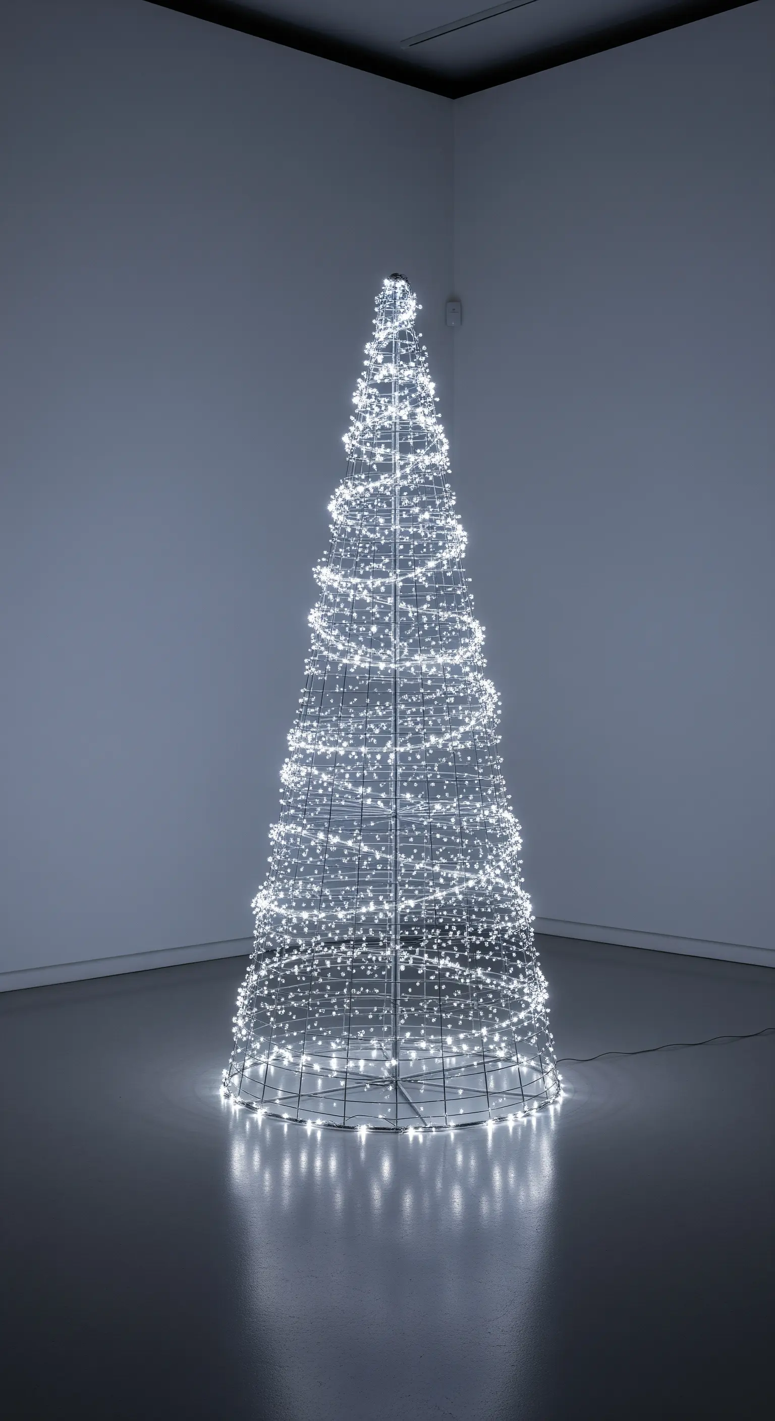 Struttura conica in metallo ricoperta di luci a LED bianche, a formare un albero di Natale astratto