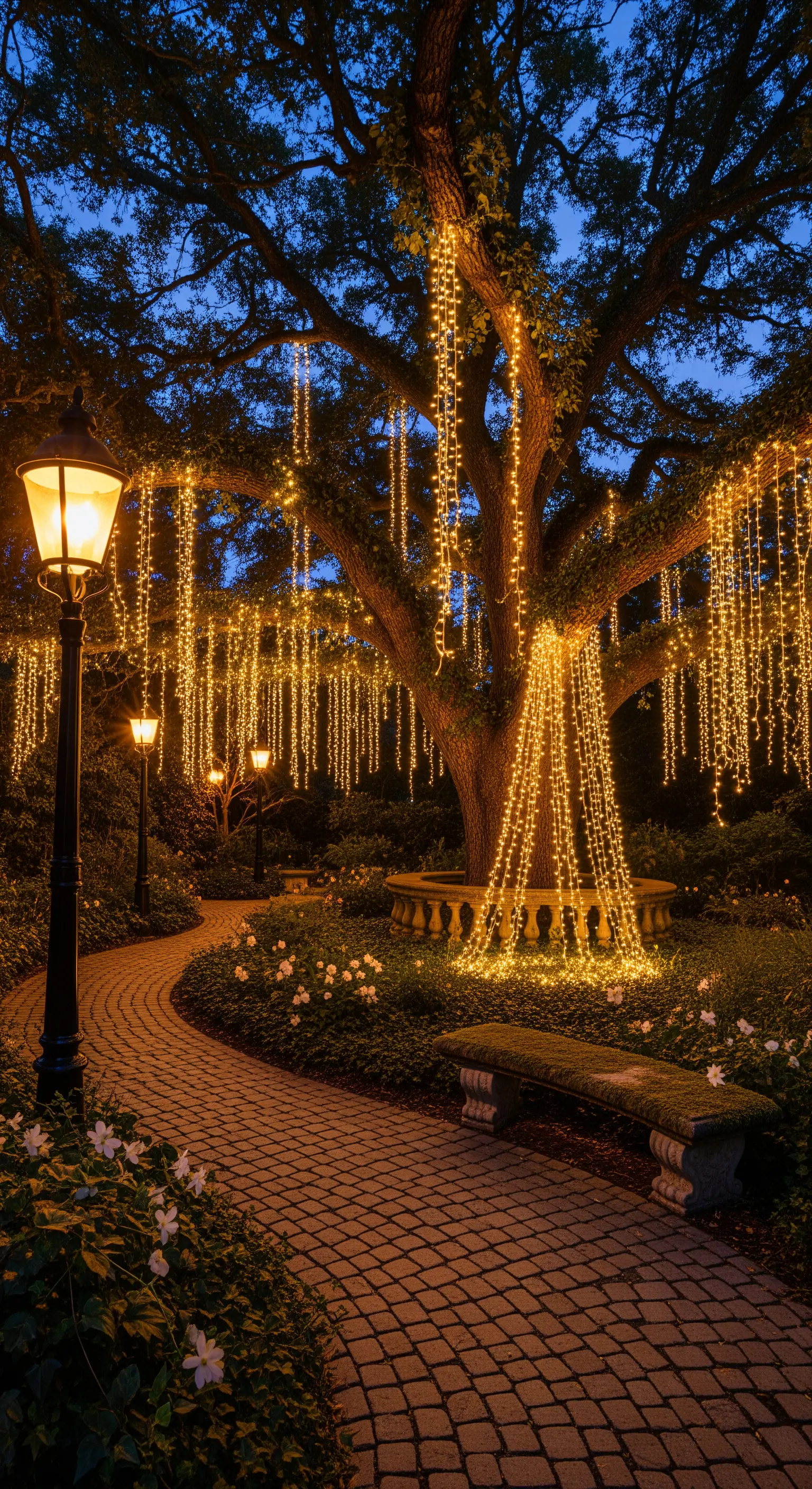 Grande albero decorato con cascate di luci calde e lampioni classici lungo un sentiero sinuoso.