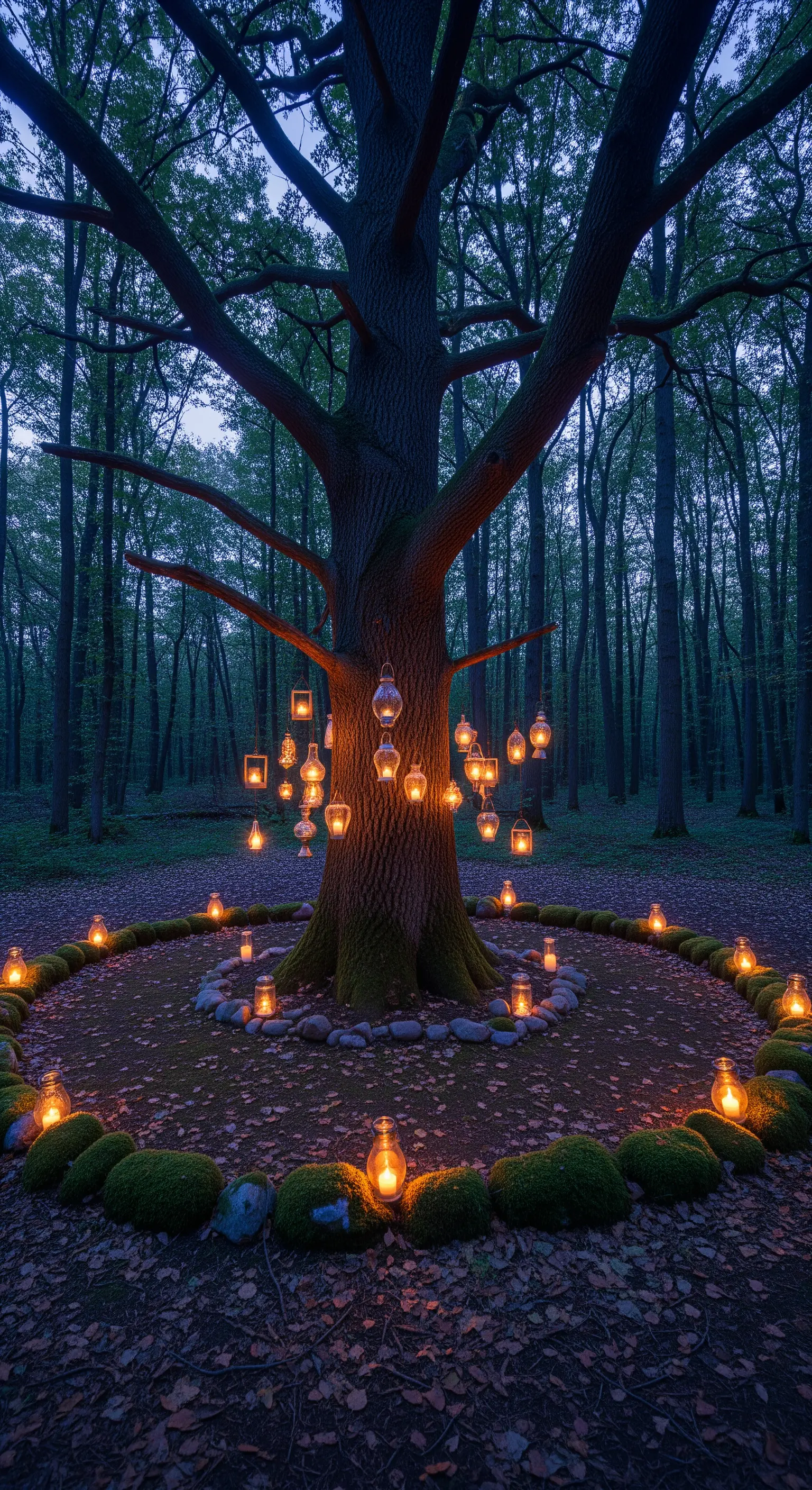 Grande albero nel bosco di notte, decorato con decine di lanterne appese e a terra.