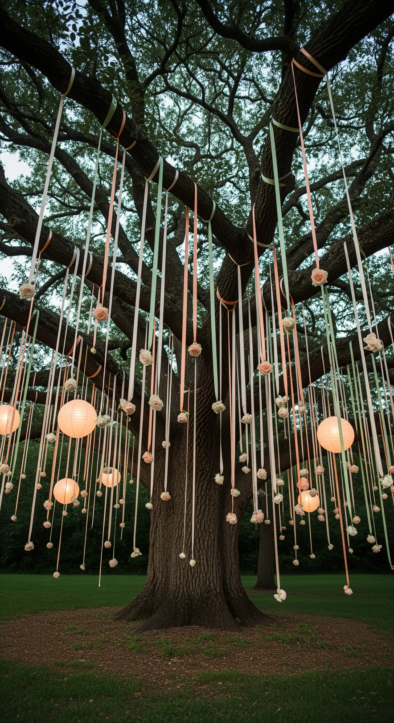 Un grande albero decorato con lunghi nastri colorati, rose e lanterne di carta luminose.