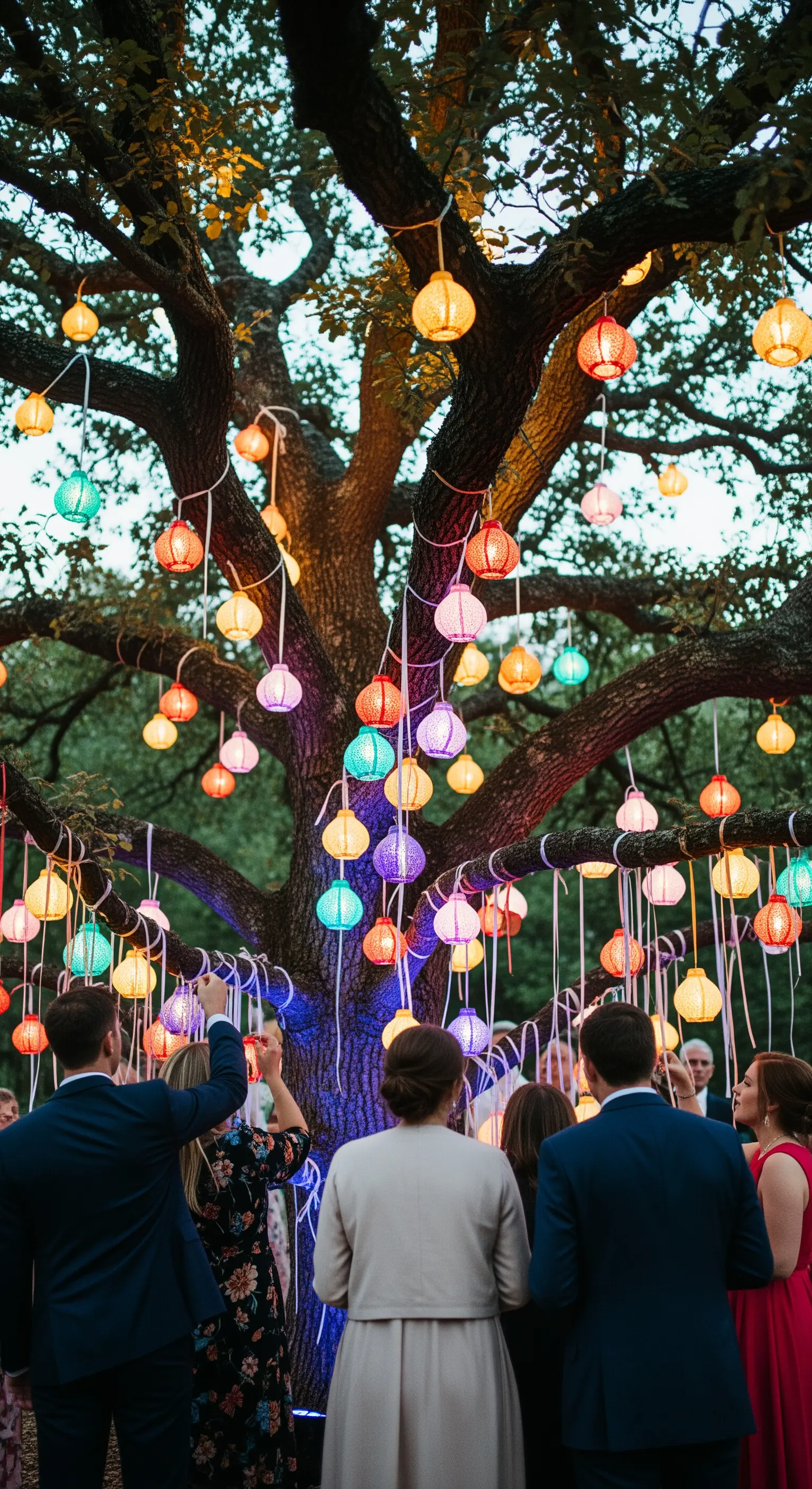 Grande albero decorato con tante piccole lanterne di carta colorate e luminose, con ospiti intorno