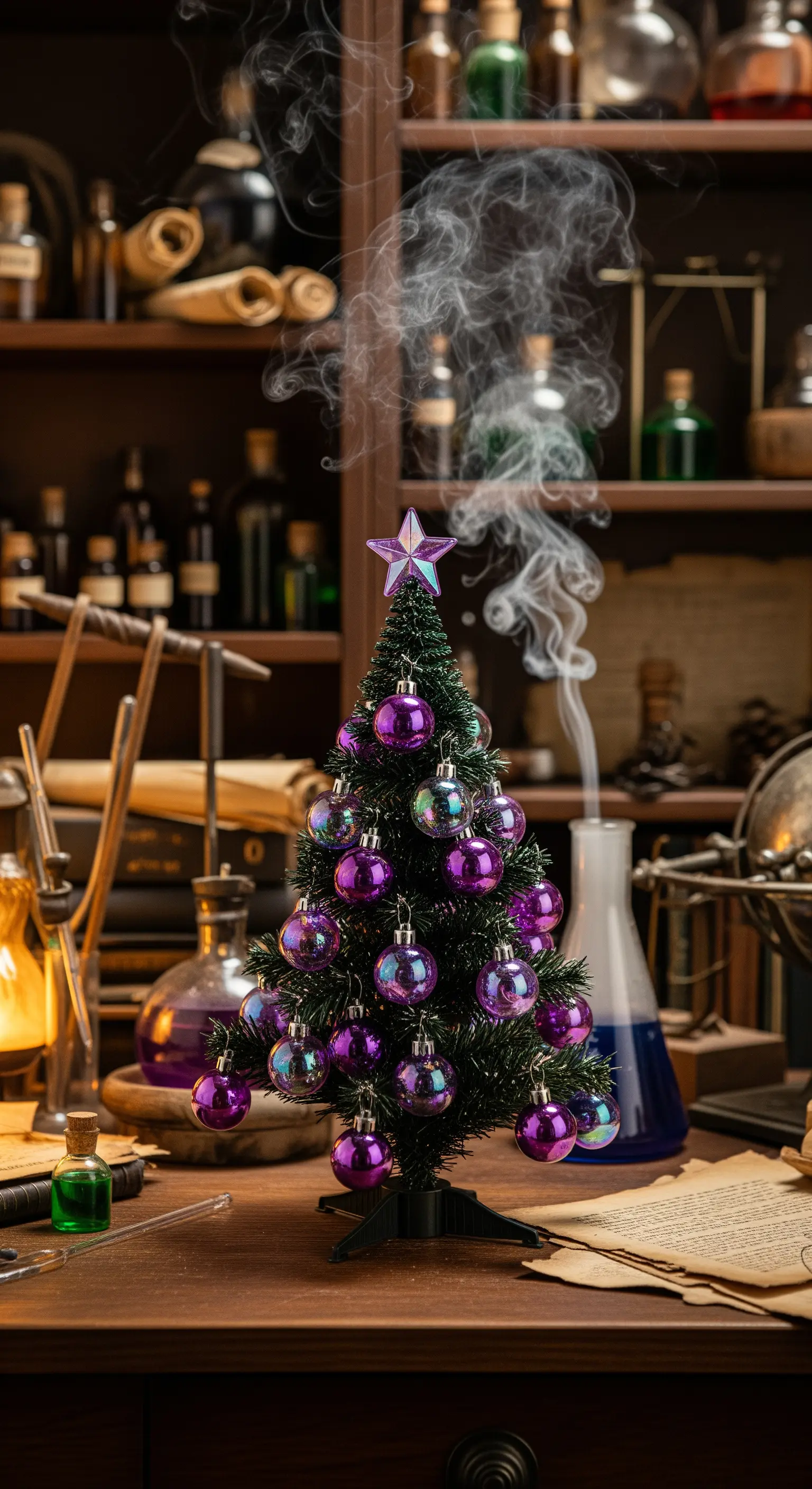 Piccolo albero di Natale viola su un tavolo da laboratorio di un alchimista.