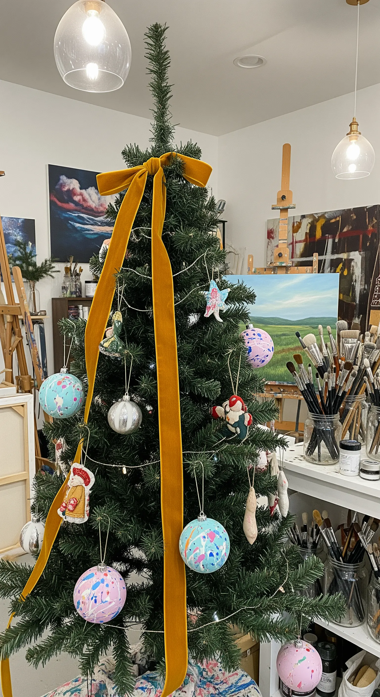 Albero di Natale in uno studio d'artista, con palline dipinte a mano e un grande fiocco ocra