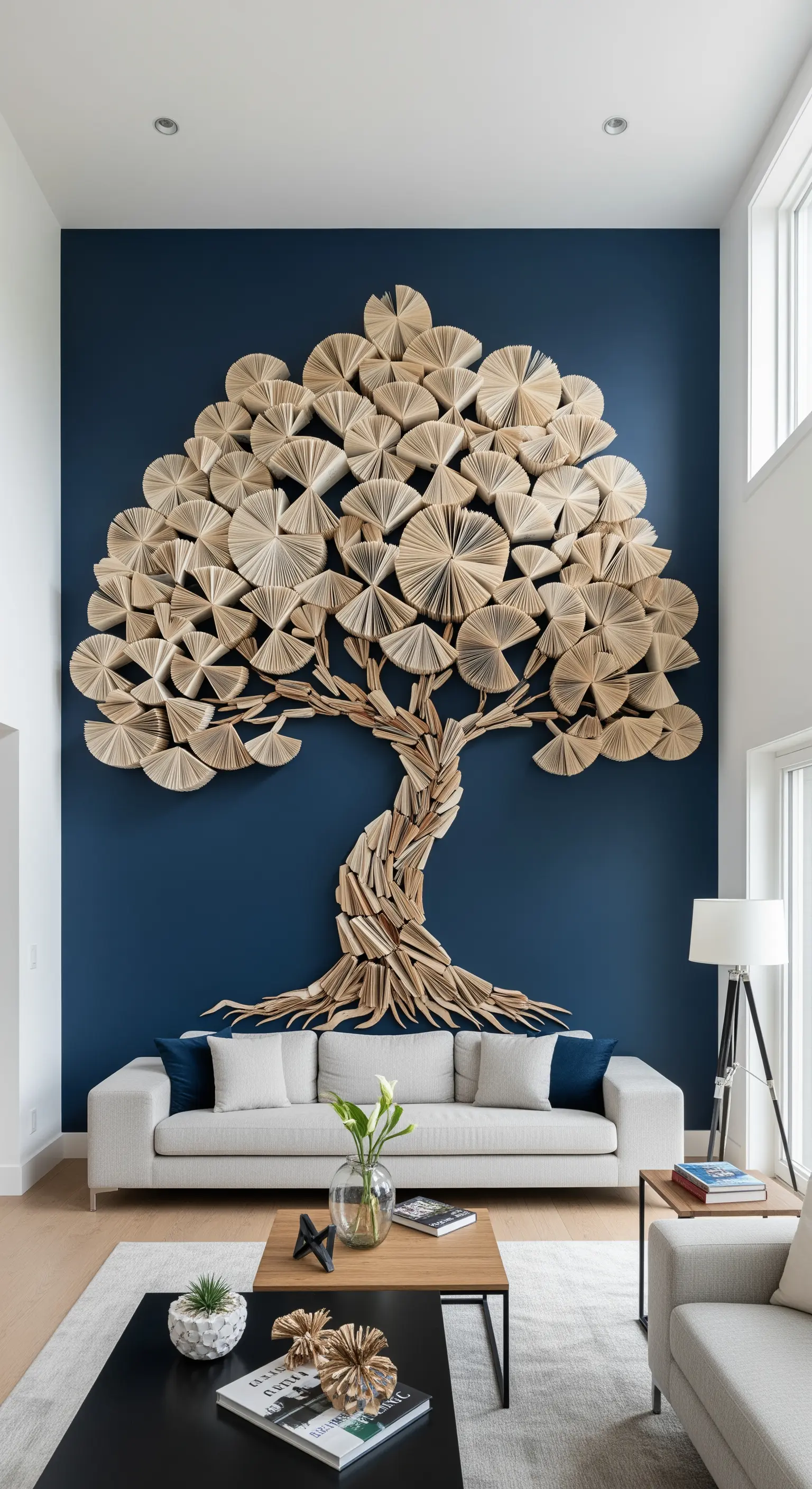 Grande albero scultoreo a parete realizzato con pagine e dorsi di libri su uno sfondo blu intenso.