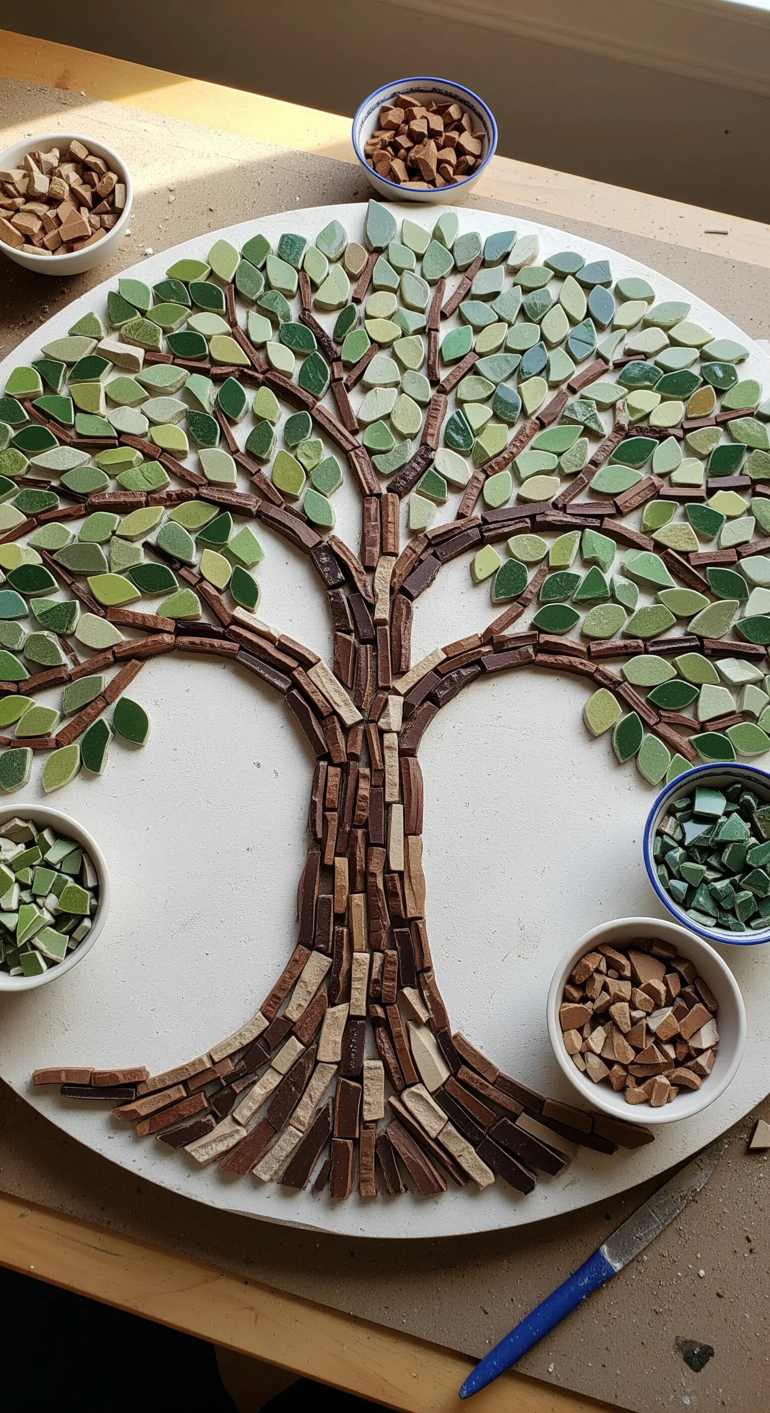 Mosaico di un albero della vita su base rotonda, con tronco marrone e foglie verdi.