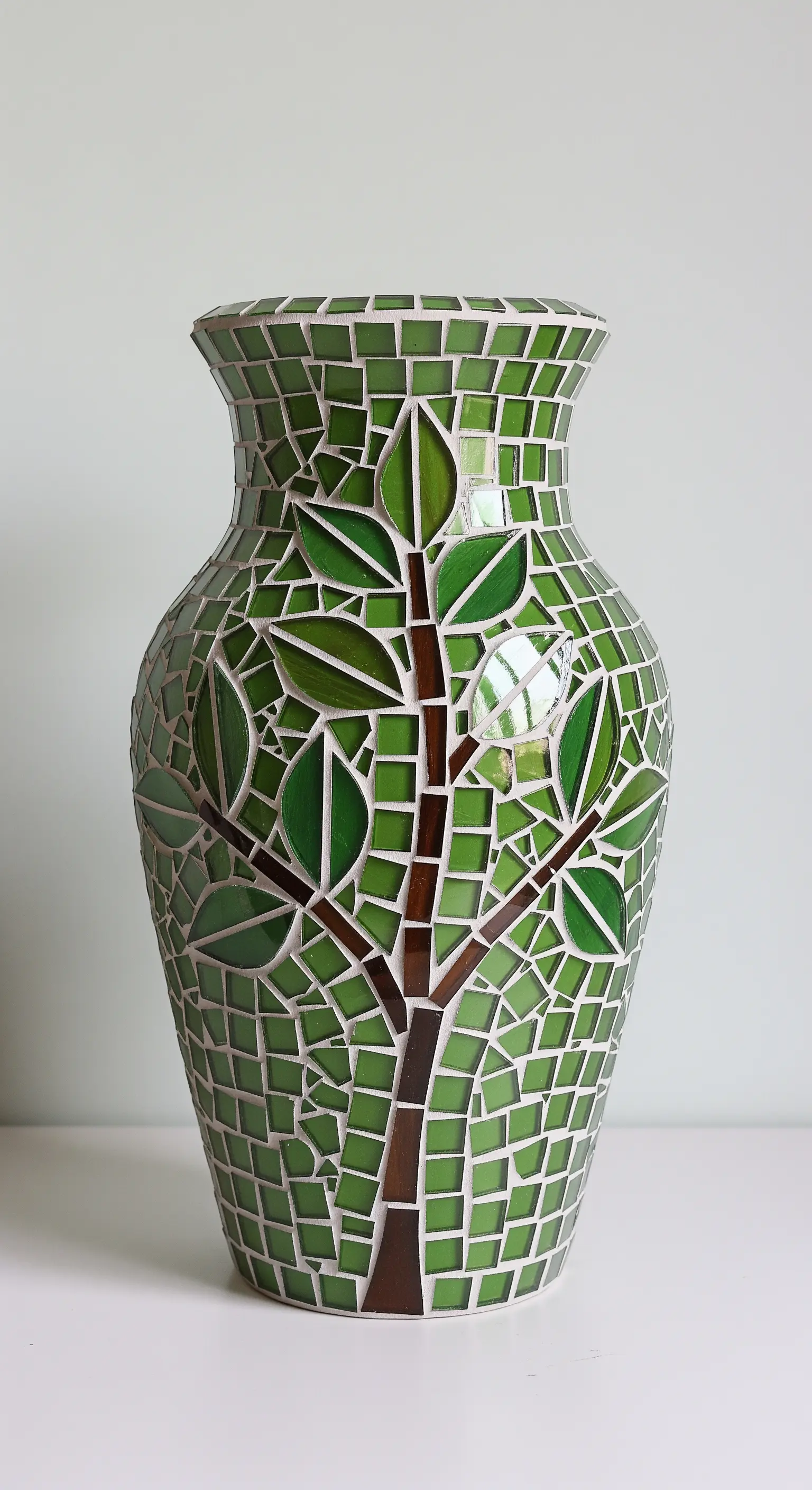 Vaso a mosaico verde con il disegno di un albero realizzato con tessere di diverse forme e colori.