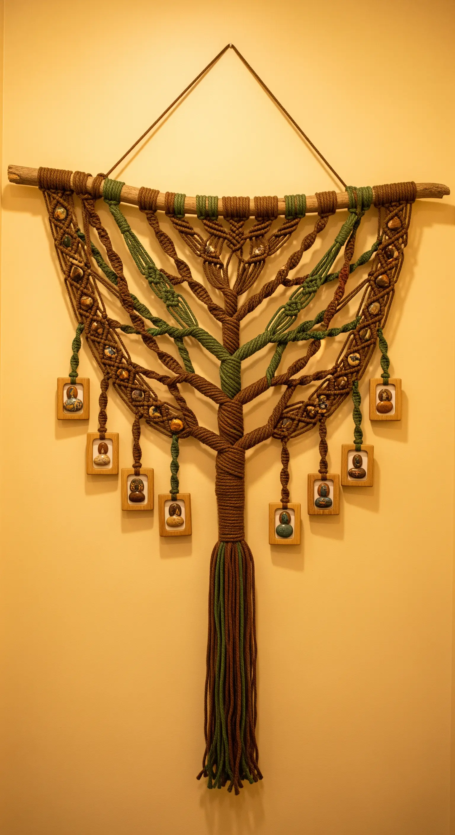 Macramè a forma di albero della vita, dai cui rami pendono piccole cornici con fotografie.