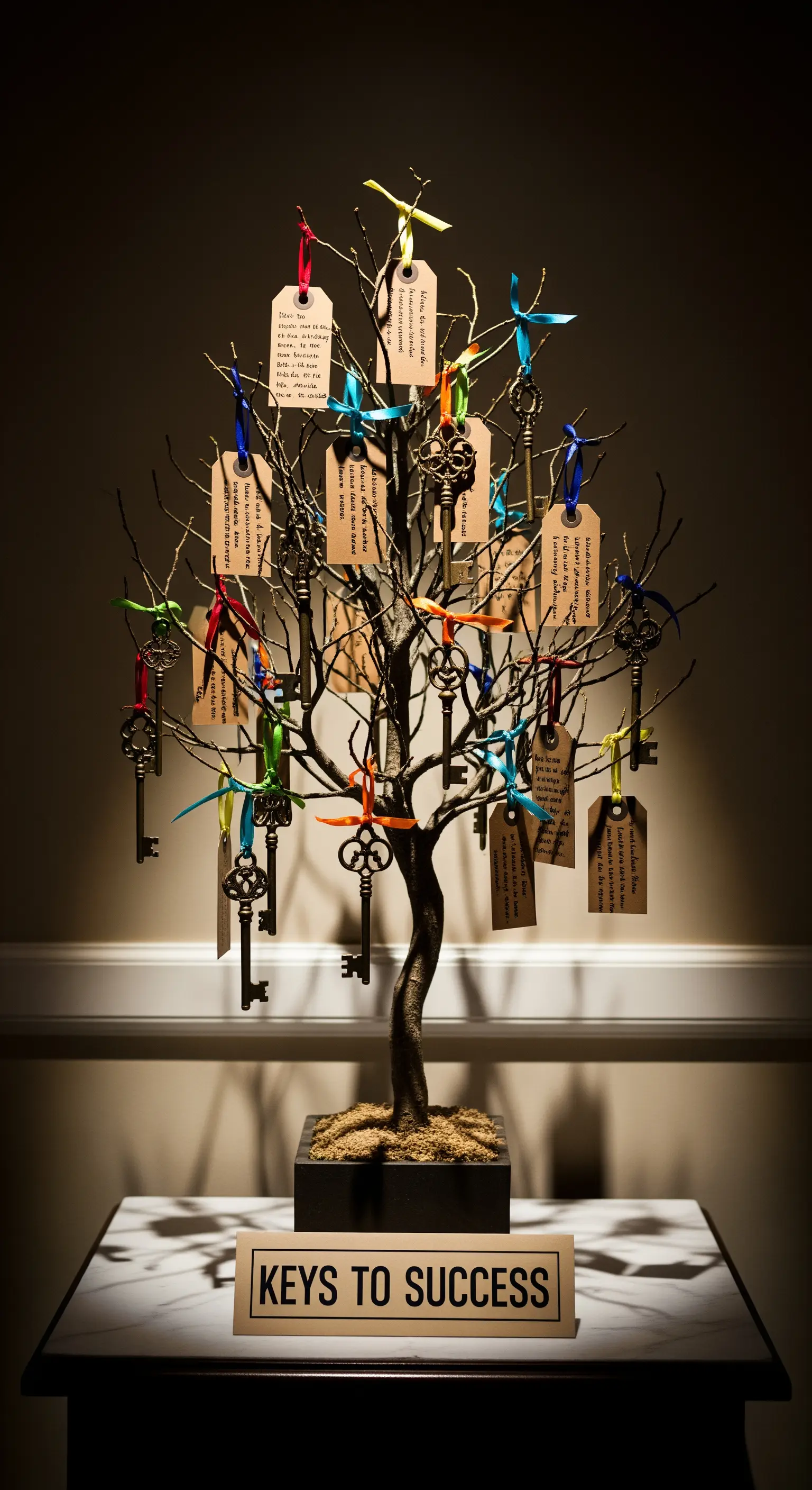 Albero decorativo con chiavi vintage e biglietti con messaggi appesi, con etichetta 'Keys to Success'