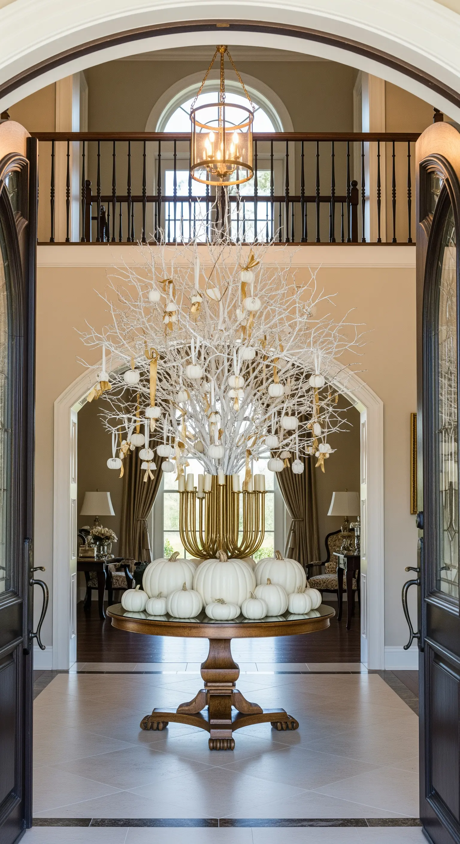 Ingresso con albero bianco decorato con zucche per Halloween