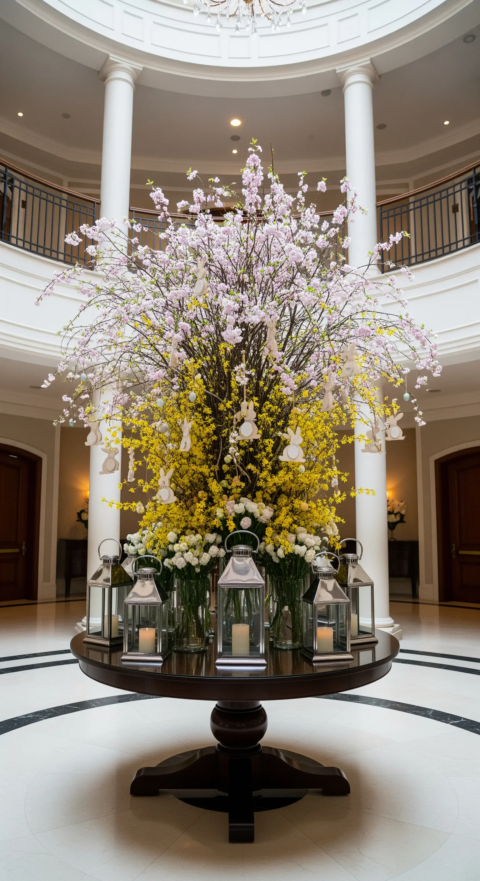 Grande composizione floreale pasquale in un atrio con rami fioriti, decorazioni e lanterne.