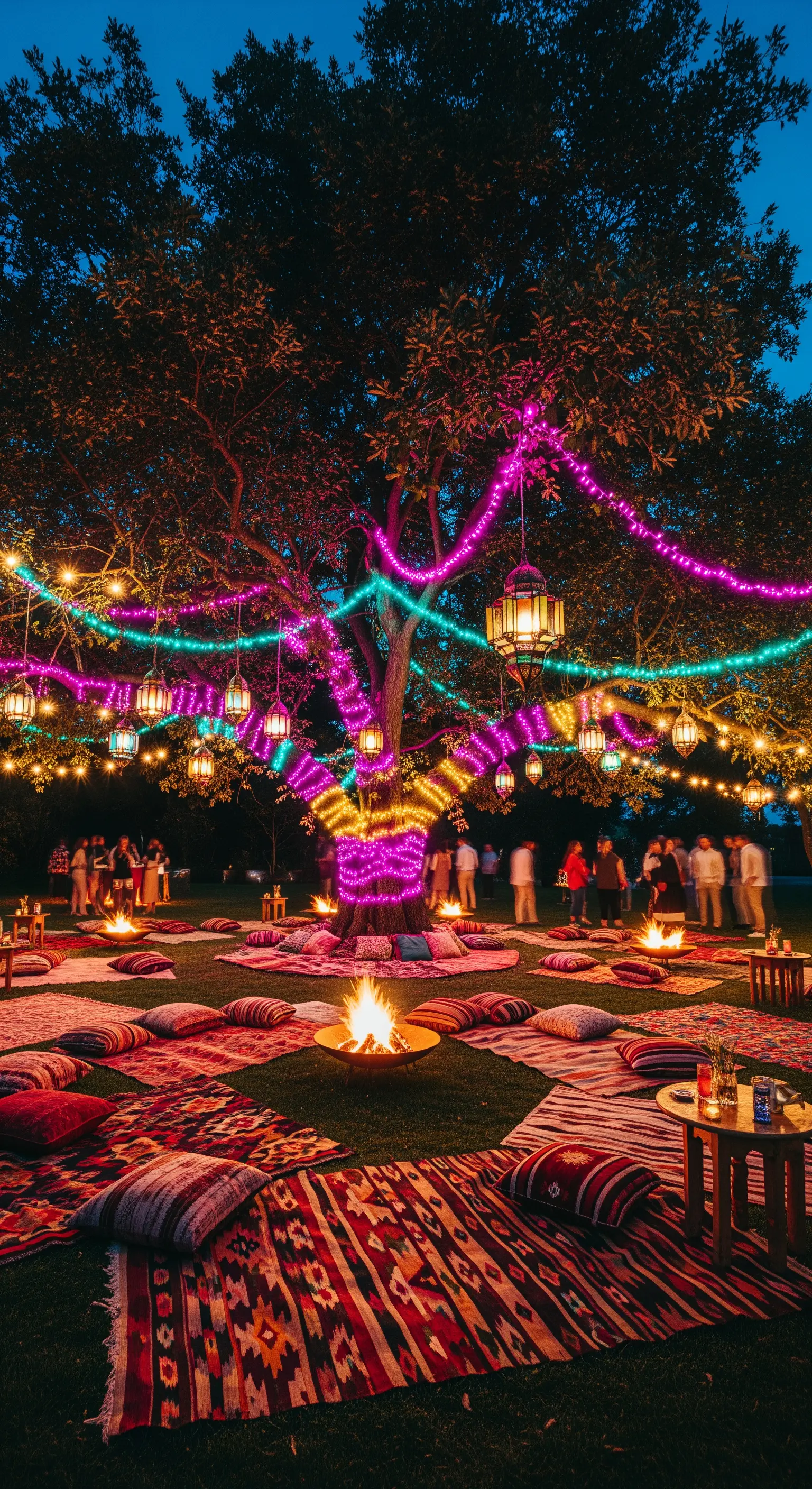 Giardino di notte con un albero illuminato da strisce LED colorate e lanterne sospese.