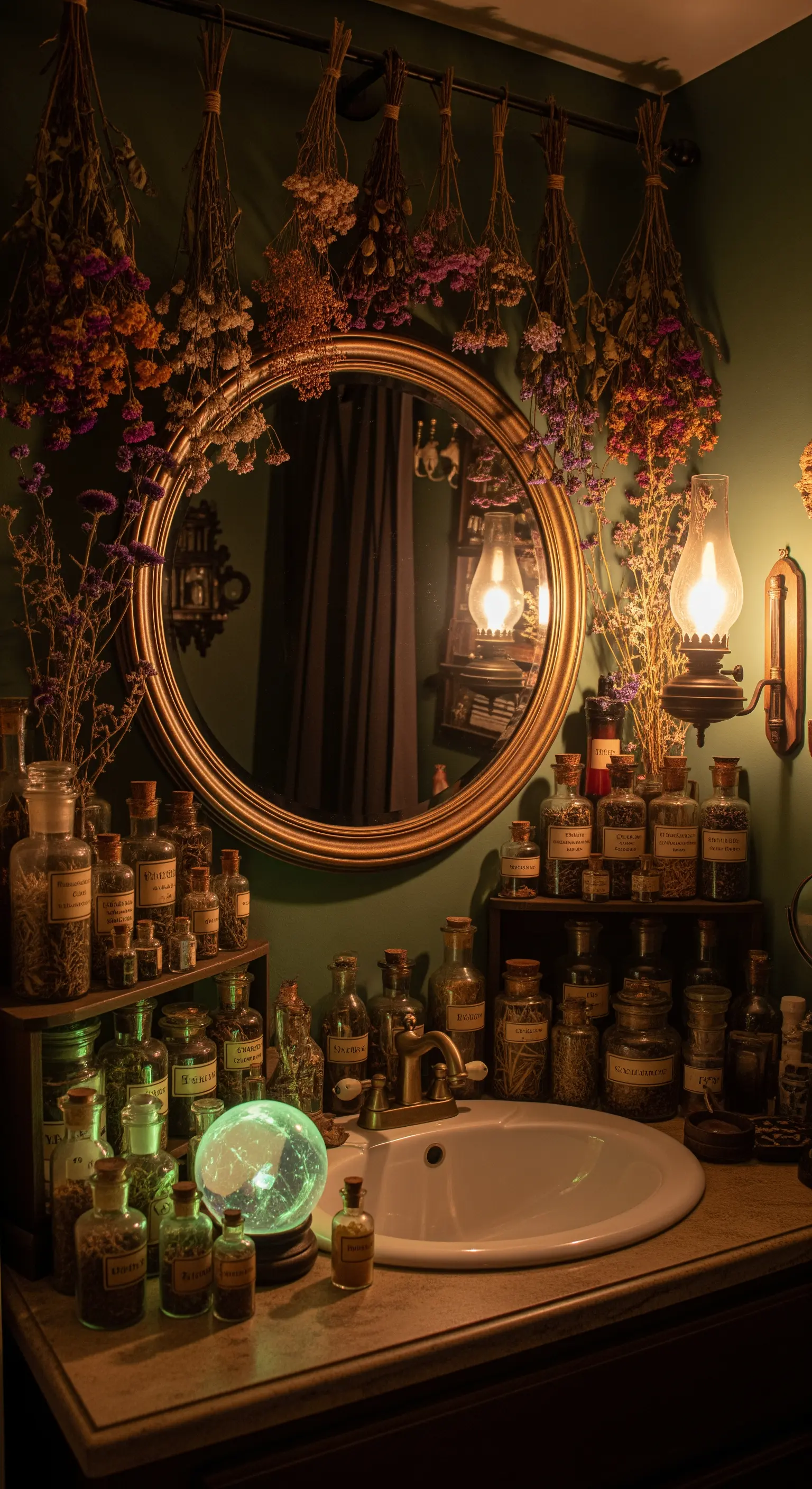Lavabo da bagno circondato da boccette da speziale, erbe secche e una sfera di cristallo luminosa