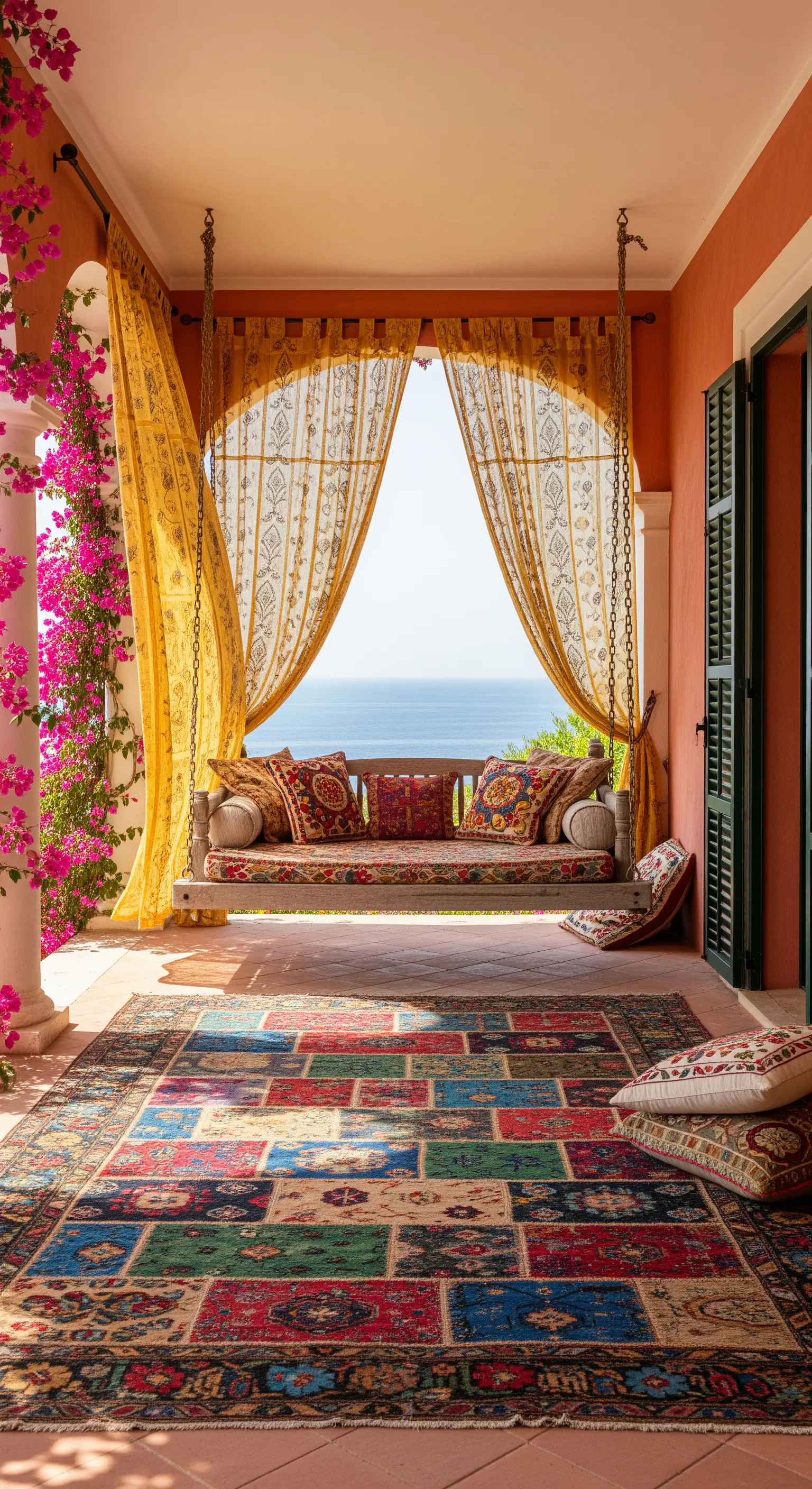 Portico bohémien con dondolo sospeso, tappeto patchwork e tende indiane gialle affacciato sul mare.