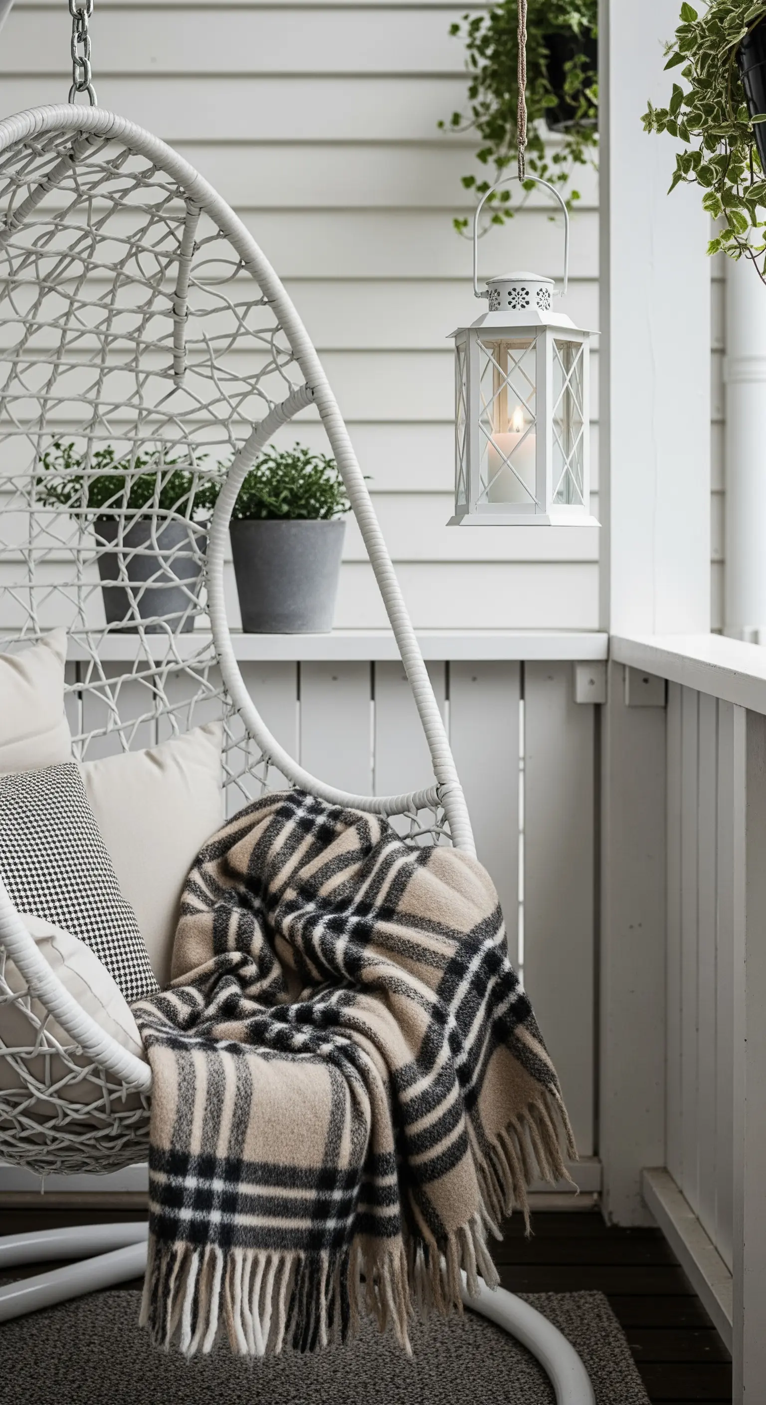 Poltrona sospesa bianca con plaid a quadri su un piccolo portico con una lanterna appesa.
