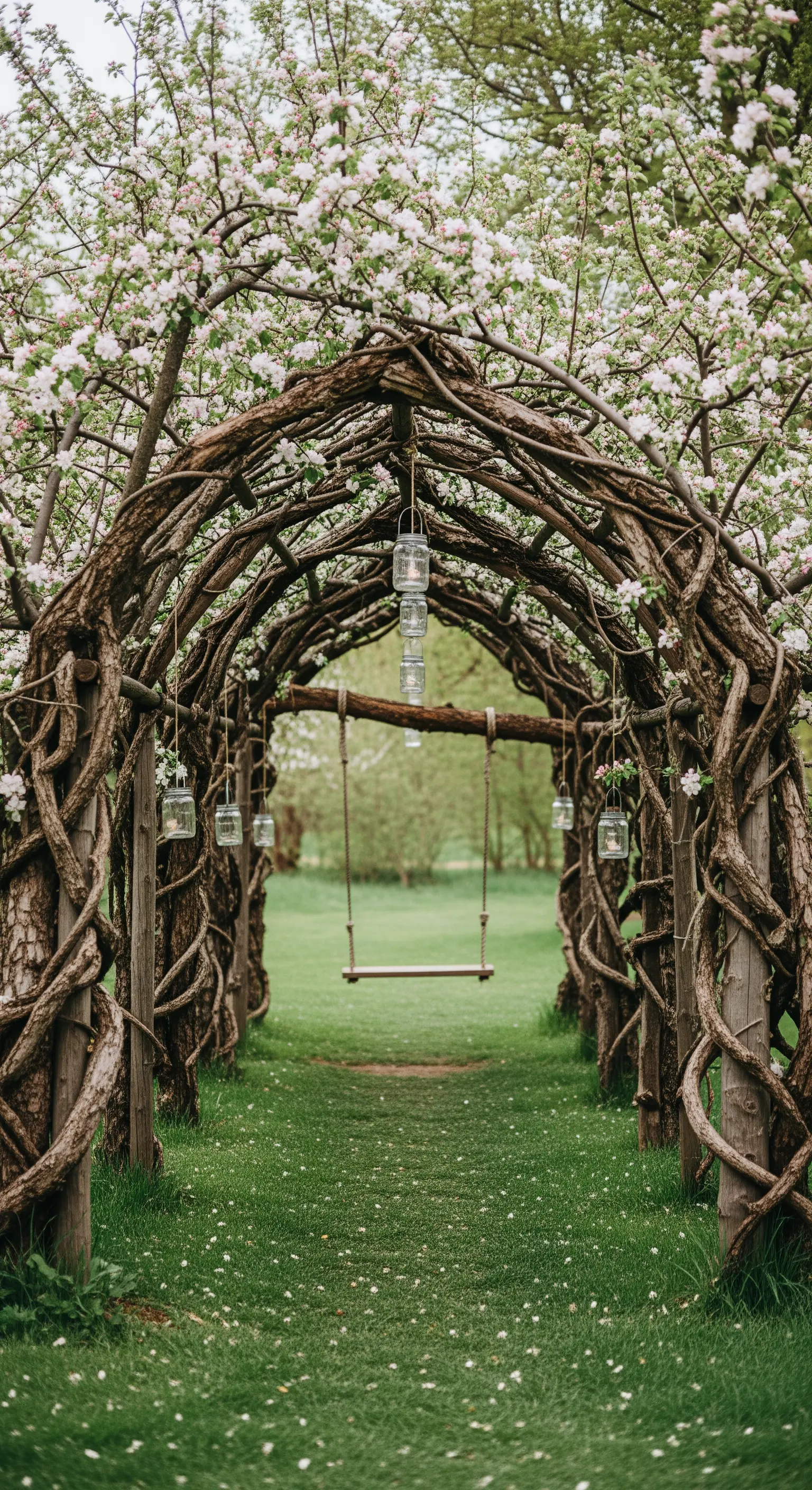 Tunnel creato con rami intrecciati e fiori di melo, con un'altalena di legno e lanterne sospese al centro.