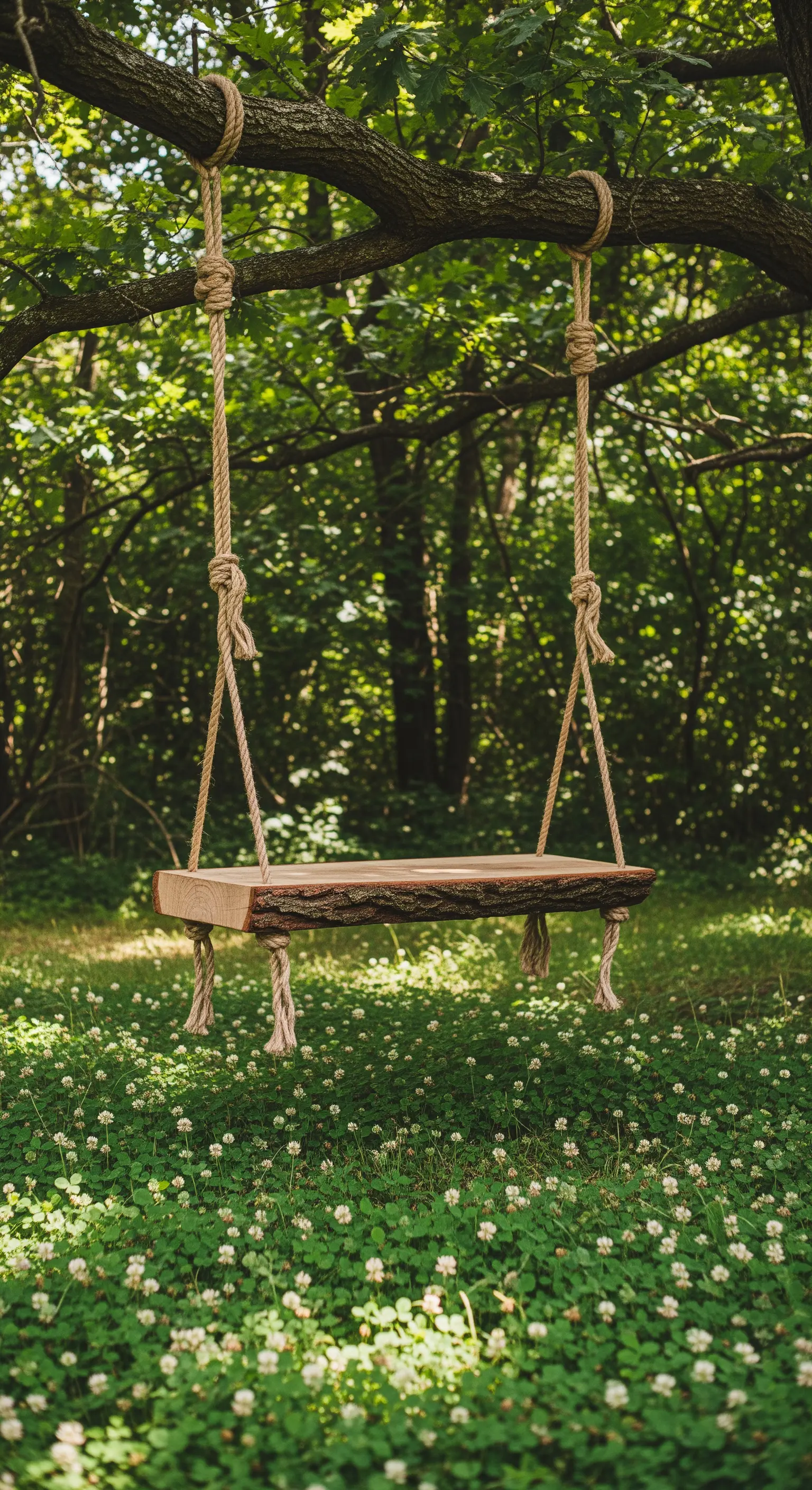 Altalena rustica realizzata con una sezione di legno e corde di canapa, appesa a un albero in un bosco.