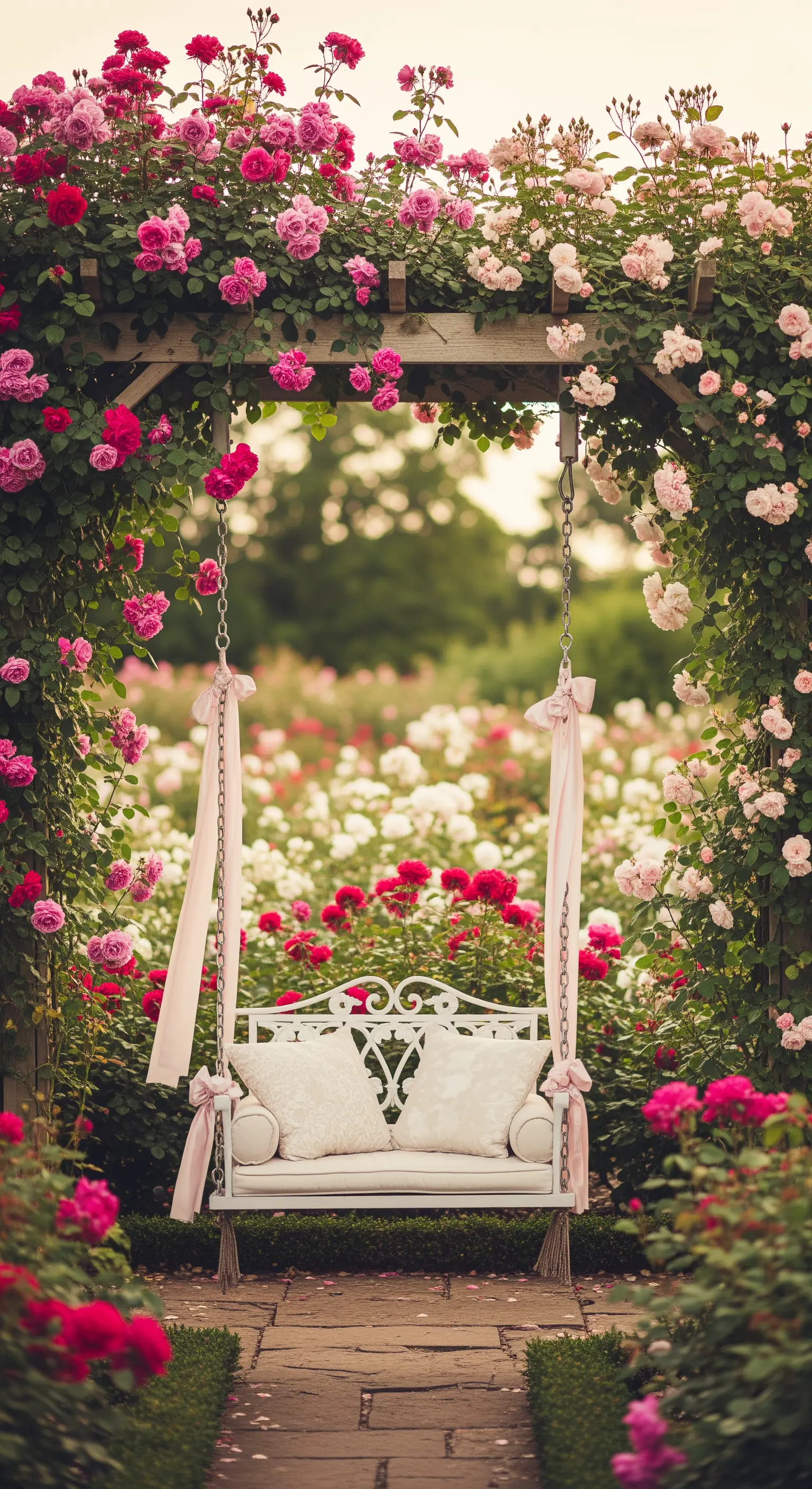 Altalena bianca in ferro battuto sotto un arco di rose rosa e rosse, con cuscini e nastri.