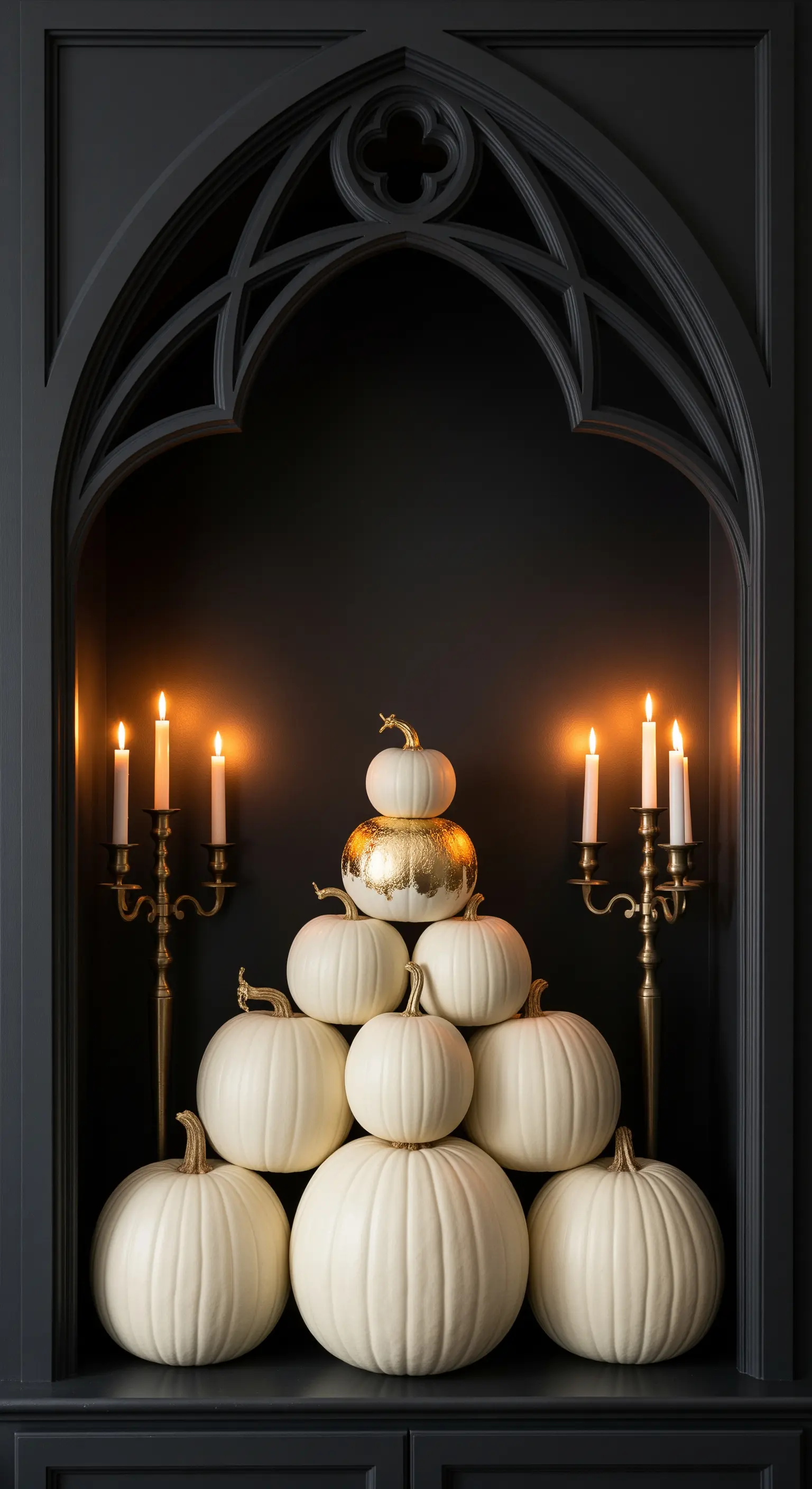 Nicchia gotica nera con piramide di zucche bianche e oro