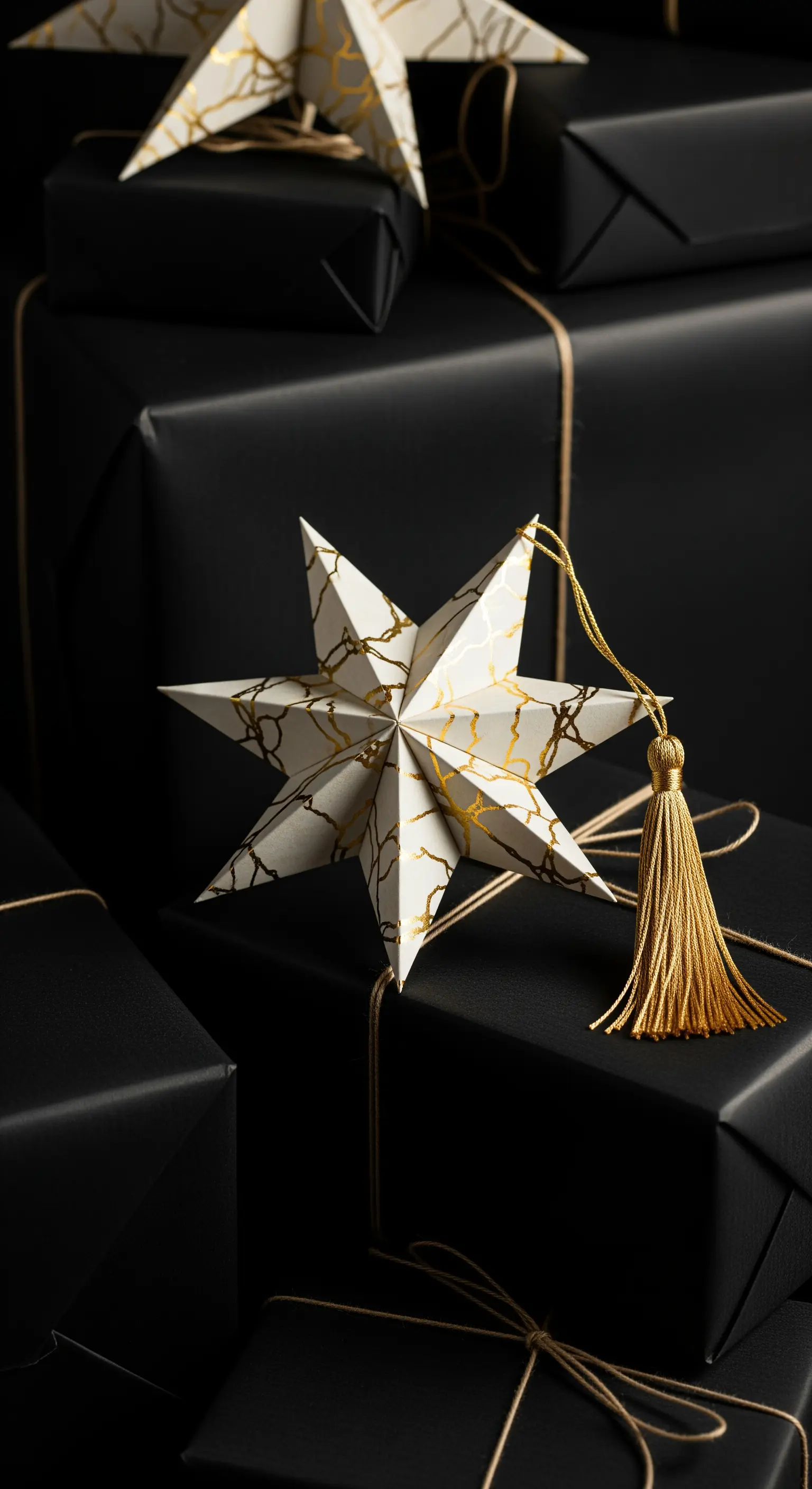 Stella di carta bianca e oro con nappina usata come decorazione su un pacco regalo nero